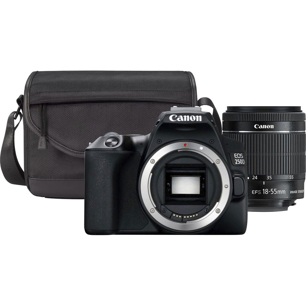 Canon Spiegelreflexkamera »250D + EF-S 18-55mm f/3.5-5.6 III + SB130 Kit«, EF-S 18-55mm f/3.5-5.6 III, 24,1 MP, Bluetooth-WLAN