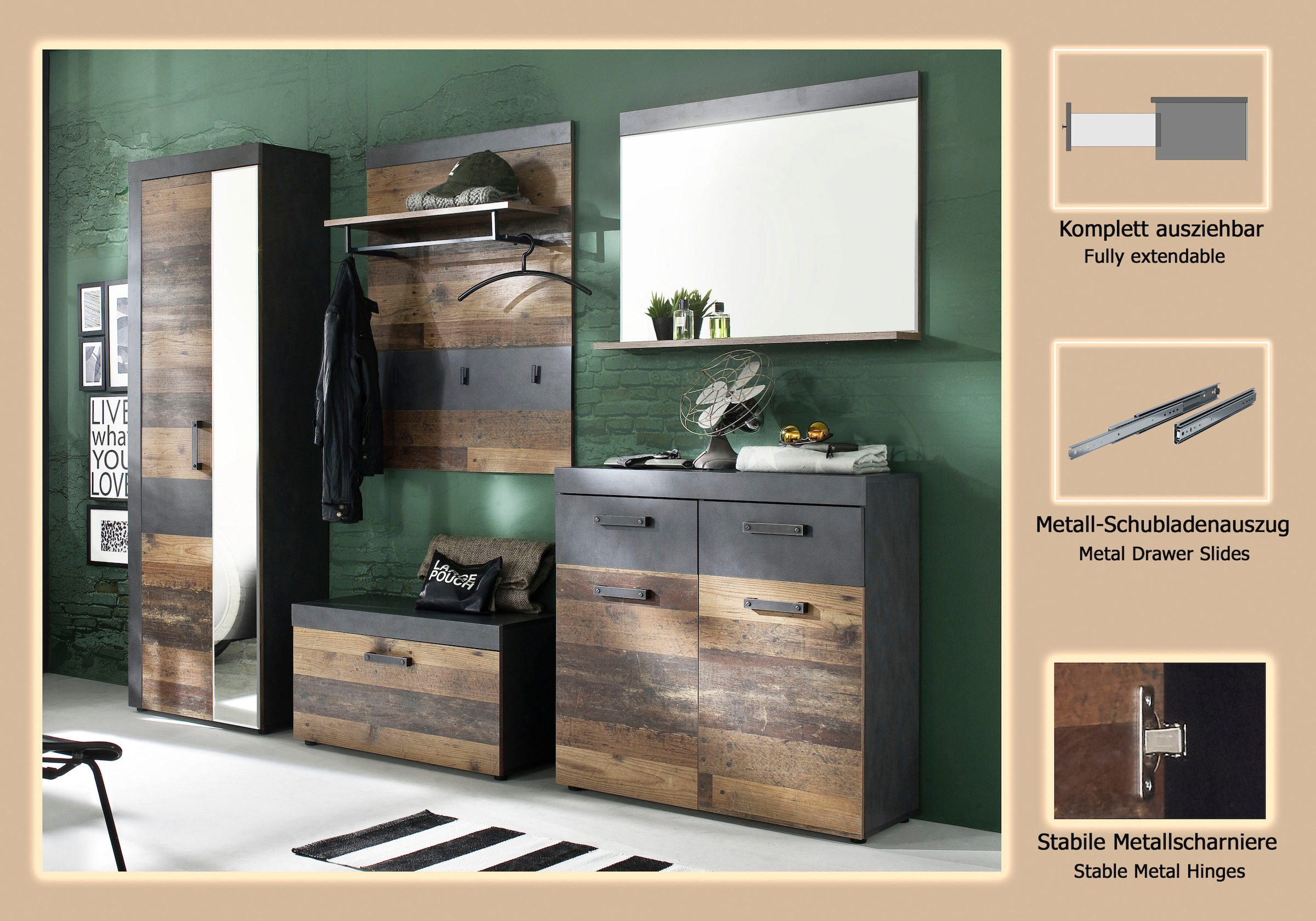 INOSIGN Garderoben-Set »Ilana« Set, 5 Stk. tlg. Garderobenmöbel im modernen Industrial Style mit antikfarbenen Griffen