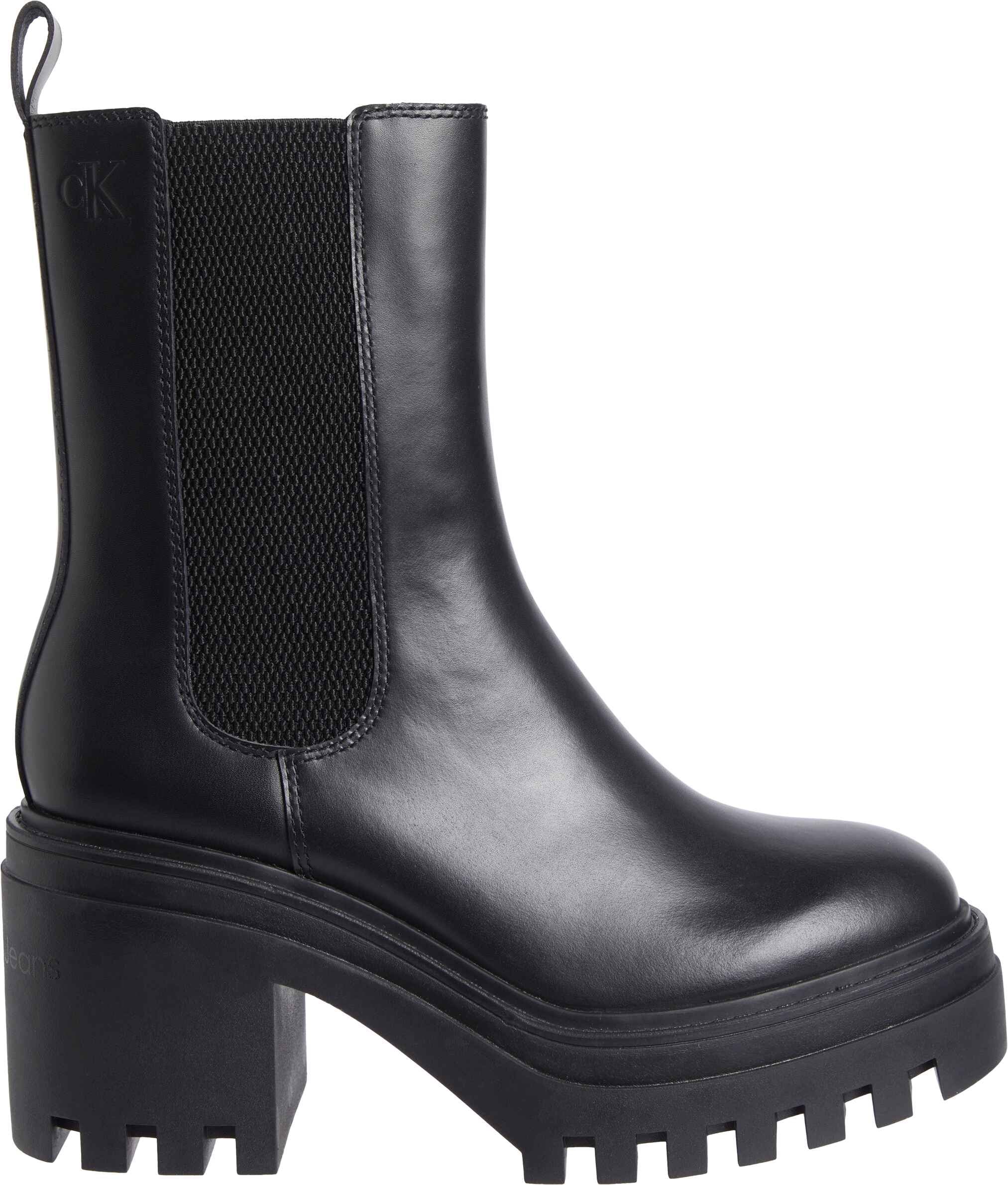 Calvin Klein Jeans Chelseaboots »CHUNKY HEELED CHELSEA LTH«, Stiefelette, Schlupfboots, Blockabsatz, mit Anziehlasche