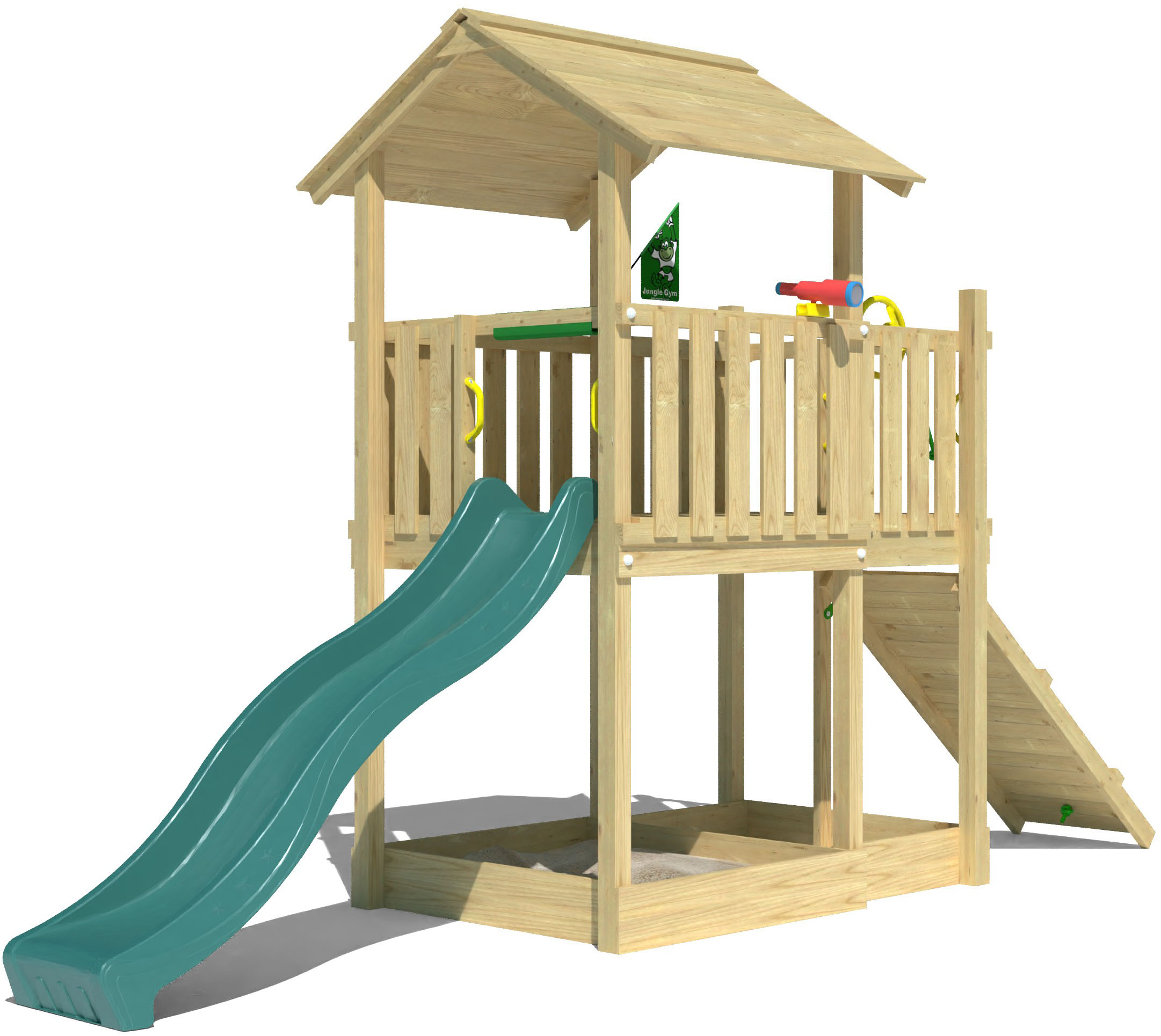 JUNGLE GYM Kinder Spielturm "Drift", grün, Holzwerkstoff, B:454cm H:277cm T:155cm, Spieltürme, Spielanlage inklusive Rutsche mit Wasseranschluss