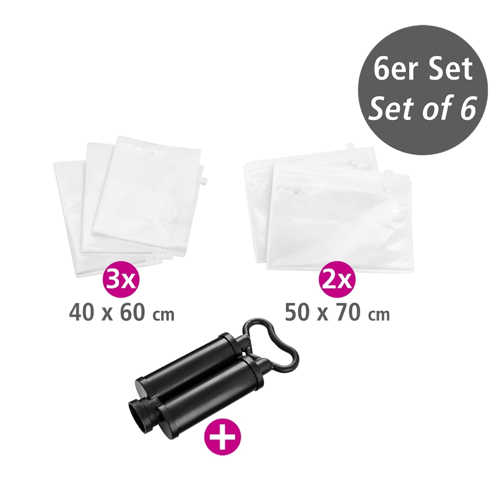 WENKO Vakuumierbeutel »Reise-Set«, (Set, 6 tlg.), Vakuumbeutel für Kleidung zur platzsparenden Aufbewahrung, mit Pumpe