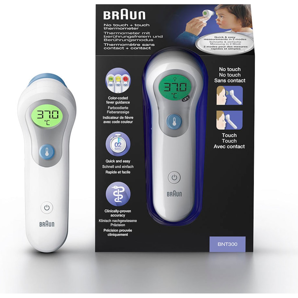 Braun Stirn-Fieberthermometer »No touch + touch Stirnthermometer - BNT300«, Mit Position Check™ - Anleitung für genaue Messwerte