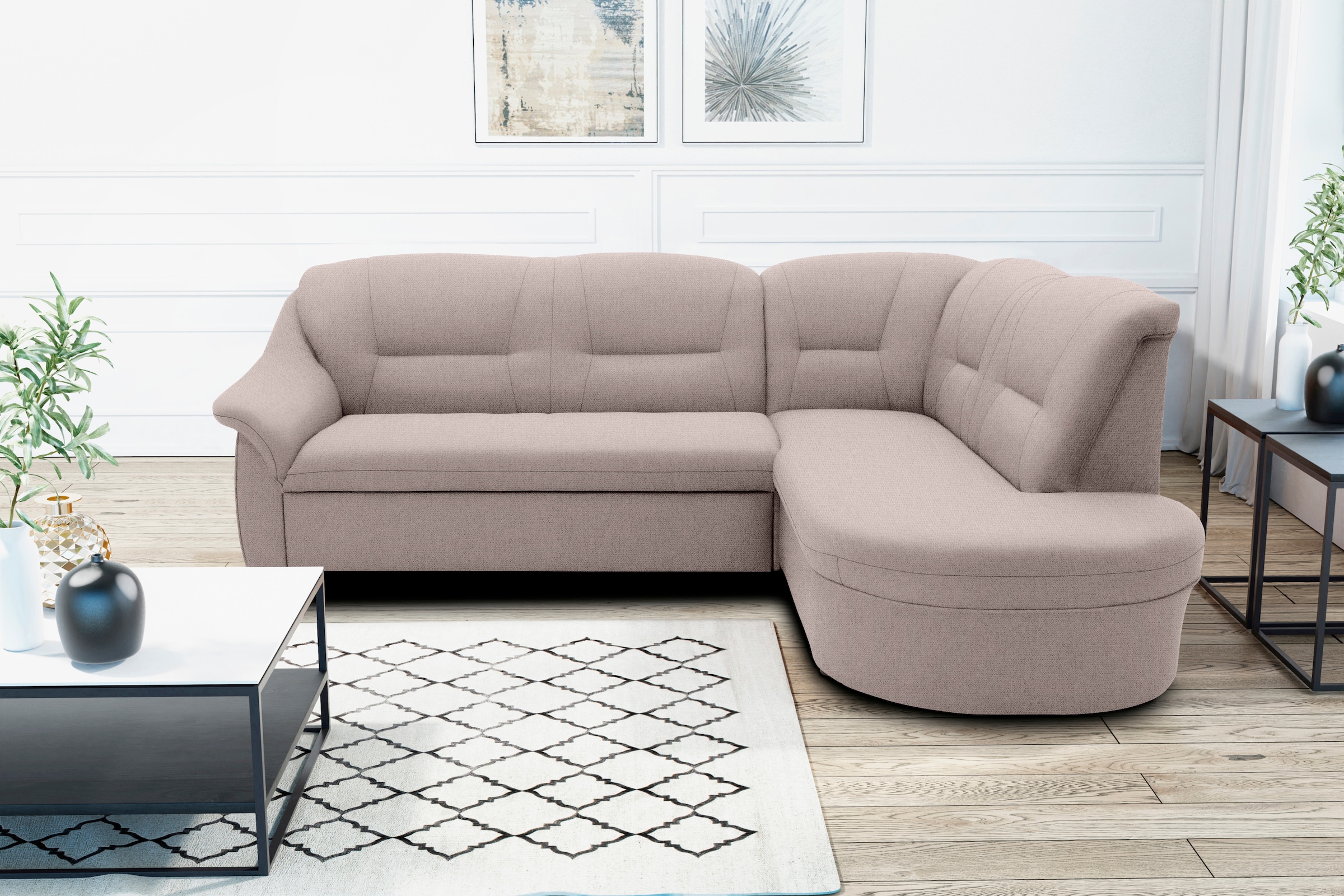 DOMO collection Ecksofa »Faenza für kleine Räume, Stellmaße 232,176cm, komfortabel, L-Form«, mit Ottomane, zeitlos, elegante Armlehnen, wahlweise mit Bettfunktion
