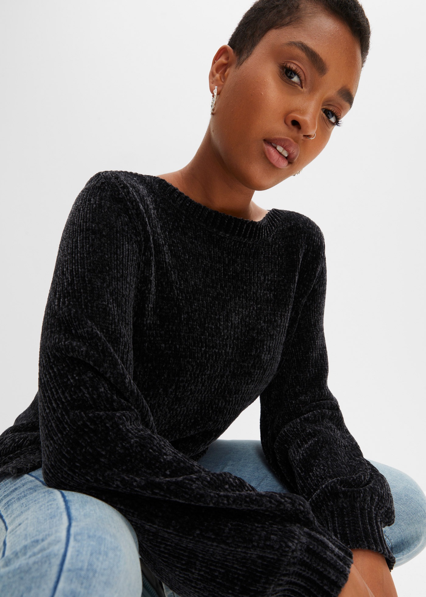 bonprix Longpullover "Chenille-Longpullover" aus Chenille, mit breitem U-Bo günstig online kaufen