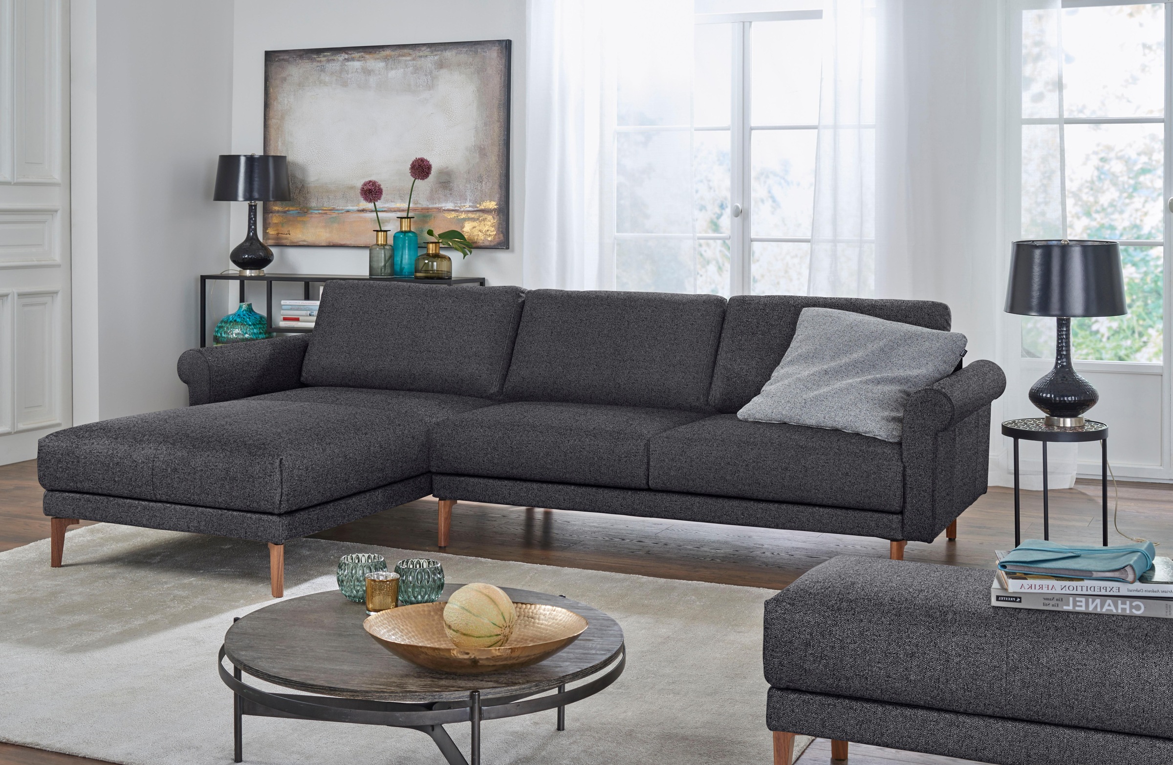 hülsta sofa Ecksofa „hs.450“, Armlehne Schnecke modern Landhaus, Breite 262 cm, Fuß Nussbaum anthrazitgrau, schwarzgrau 044, 57 Rabatt: 46 %