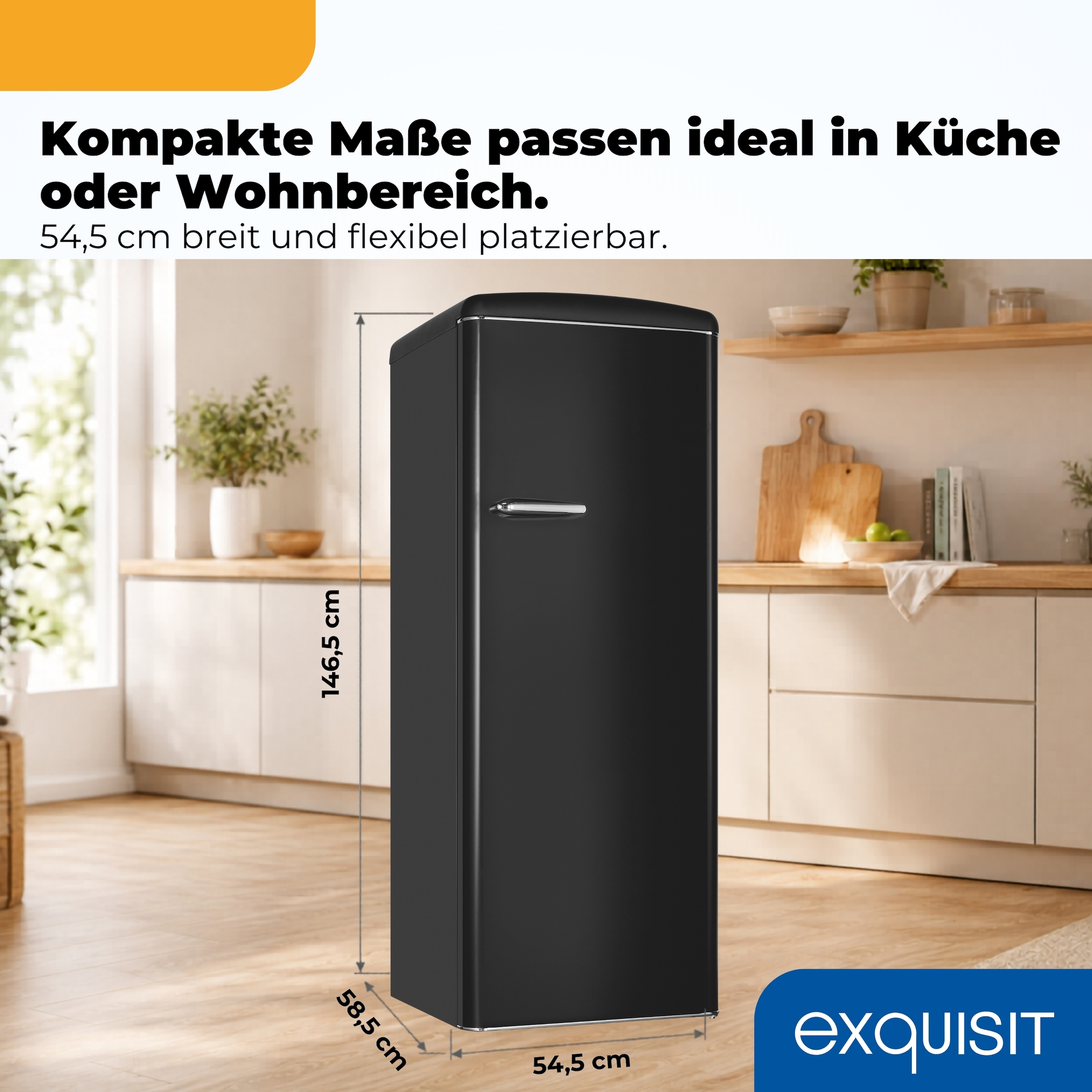 exquisit Kühlschrank »RKS325-V-H-160C mattschwarz« 146,5 cm hoch 54,5 cm breit LED-Beleuchtung, verstellbare Glasböden, Retro-Design