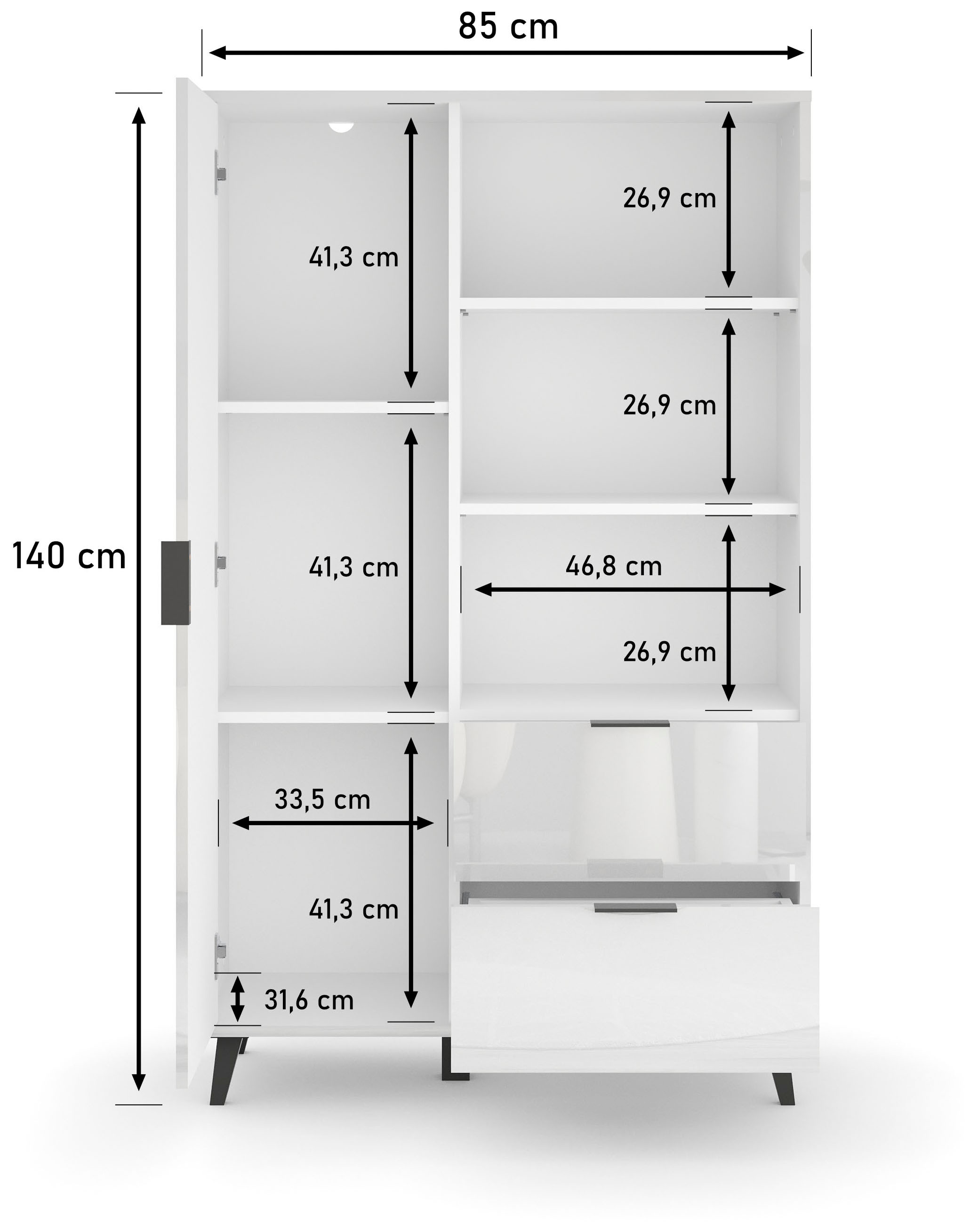 OTTO home Highboard »Oslo, B/H/T: 85/140/33 cm« 1 Stk. tlg. Schublade, höhenverstellbare Einlegeböden, schwarze Metallgriffe