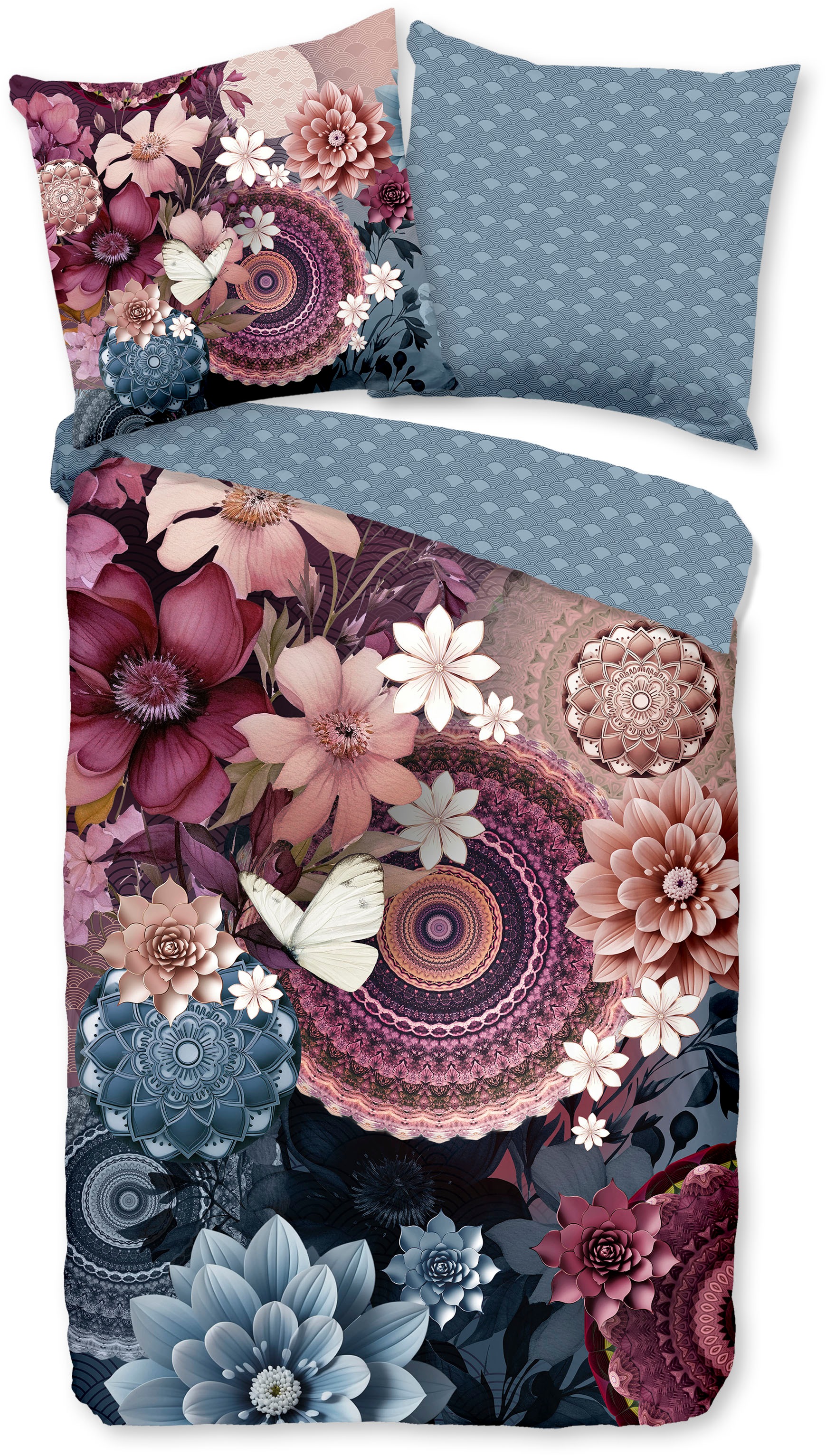 hip Wendebettwäsche "Asher" 2 Stk. Mako-Satin, Reißverschluss, Wendeoptik, Mandala, Blumen, Schmetterling
