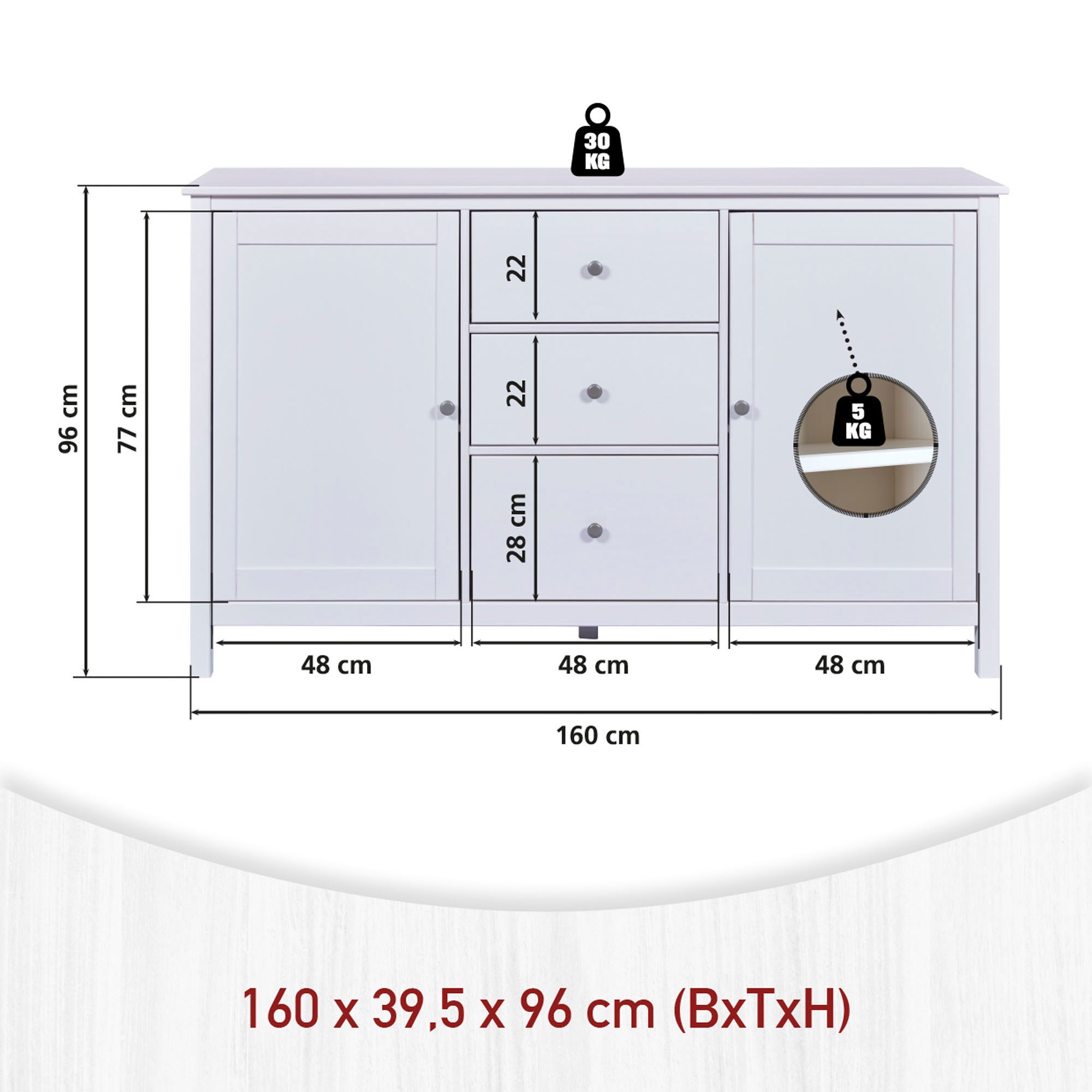 Inter Link Kombikommode »Pinora, Kiefer Massivholz, Weiss, 160 x 39,50 x 96 cm, viel Stauraum« 1 Stk. tlg. Sideboard im modernem Skandi Look, 3 Schubladen, 2 Türen