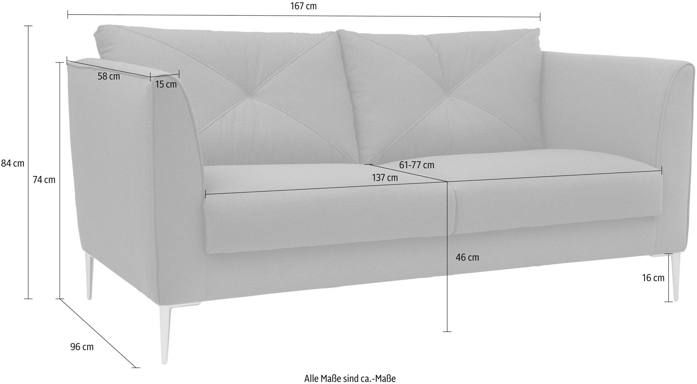 Thumbnail - TRENDMANUFAKTUR 2-Sitzer "Lille, modern, zeitlos und bequem, Komfortsitzhöhe 46cm, hohe Füße", Breite 167 cm