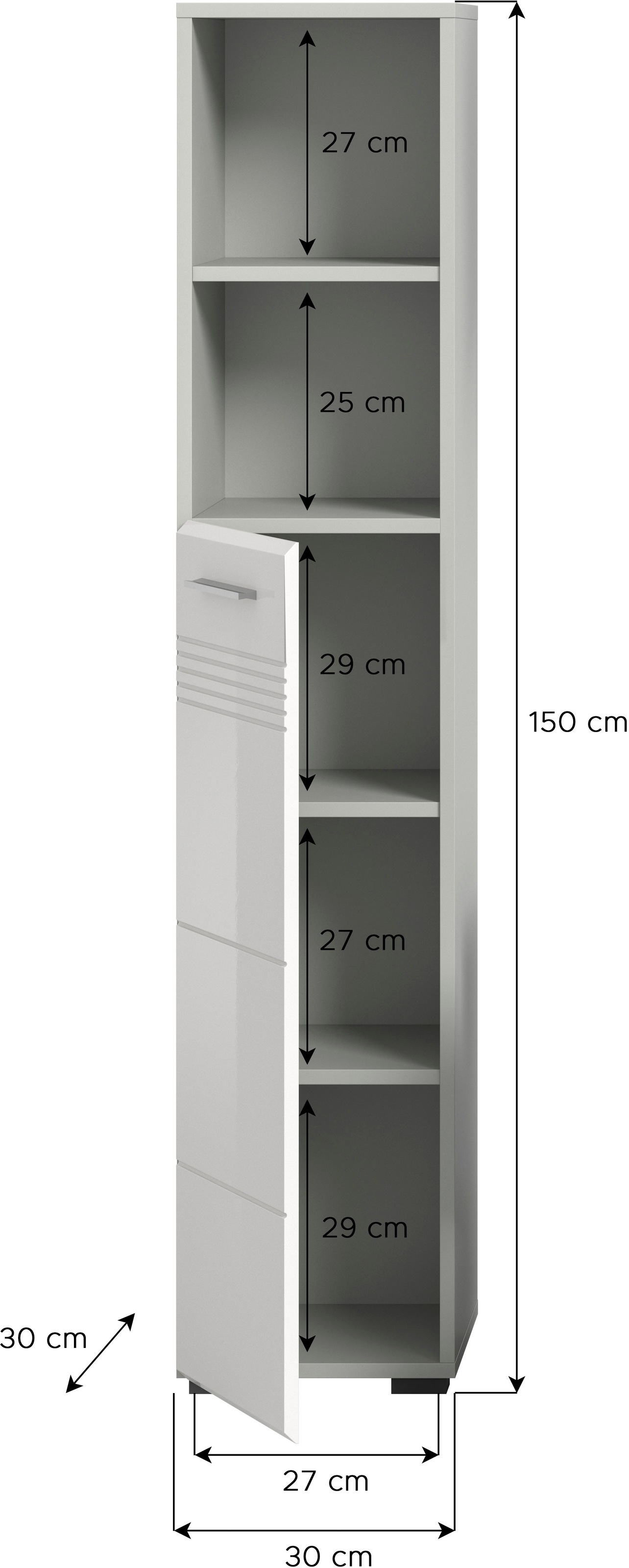 welltime Hochschrank »Calcio, Höhe 150 cm, 1 Tür, 2 offene Fächer, 3 Einlegeböden«, Türanschlag wechselbar, MDF Front, Badschrank, Bad-Möbel, Badezimmer