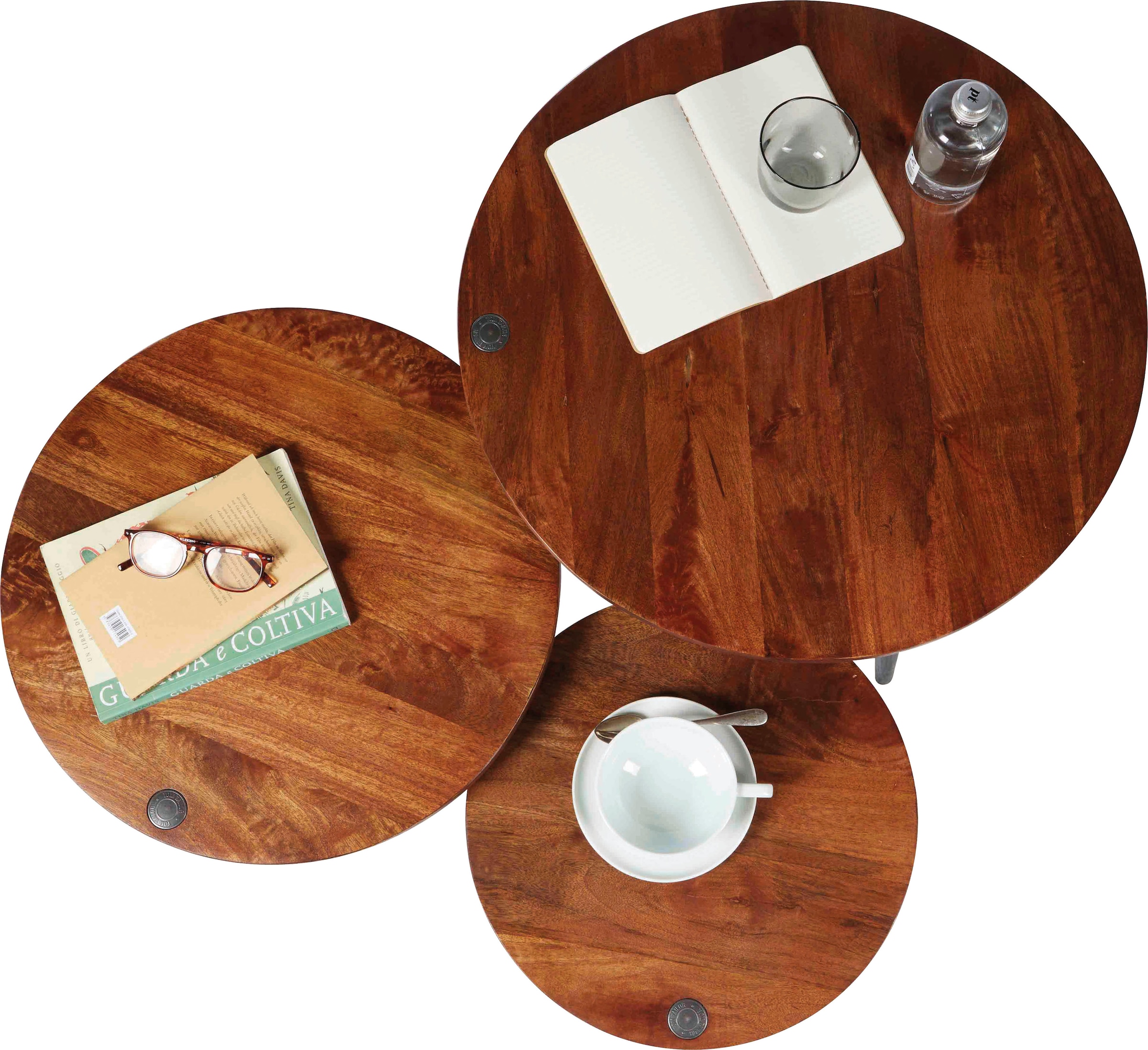 TOM TAILOR HOME Couchtisch »T-WOOD TABLE LARGE«, Beistelltisch mit Knopfdetail, dunkles Mangoholz und schwarze Beine