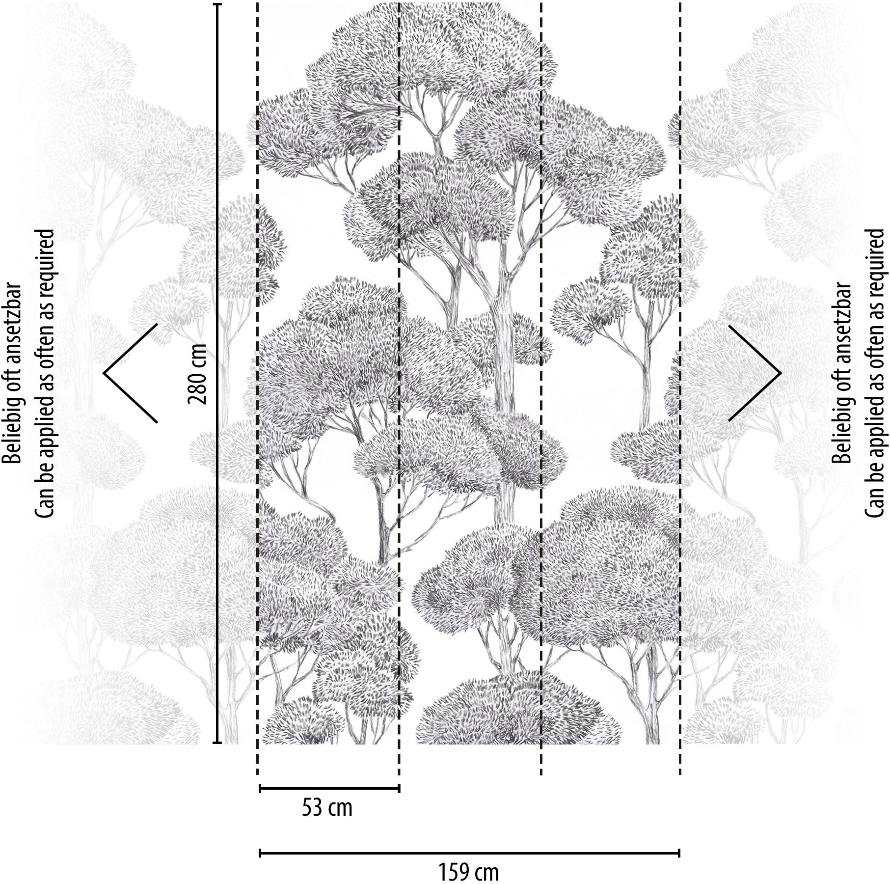 living walls Vliestapete »Vibes & Styles Silvanor – Forest Sketch Fototapete« Comic leicht strukturiert Stilisierte Baumlandschaft mit feinen Linien und ruhiger Tiefenwirkung