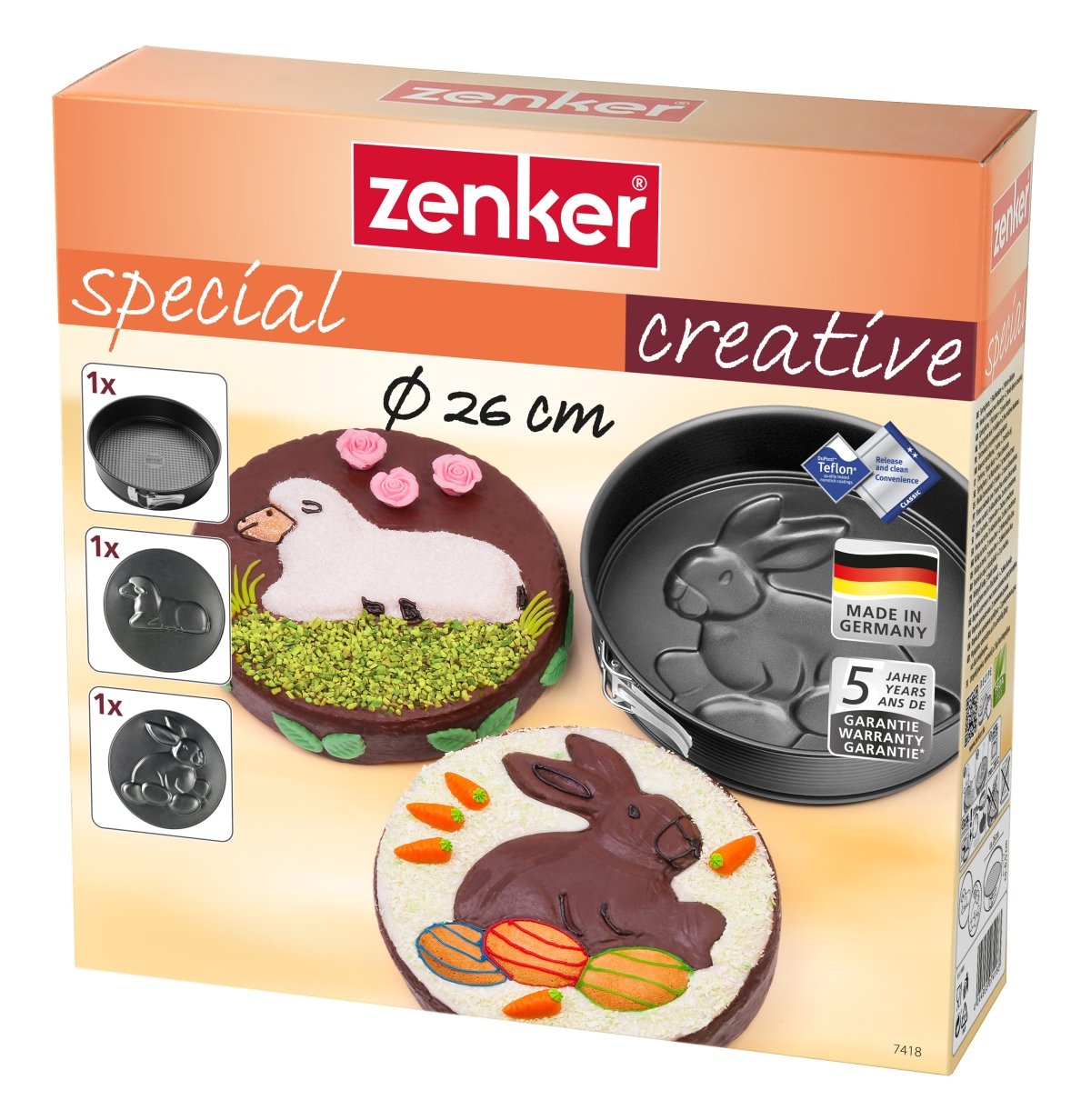 Zenker Springform »Motiv-Böden Set - Hase & Lamm«, (Set), Springform mit Flachboden & 2 Motiv-Böden, 26 x 26 x 6,5 cm