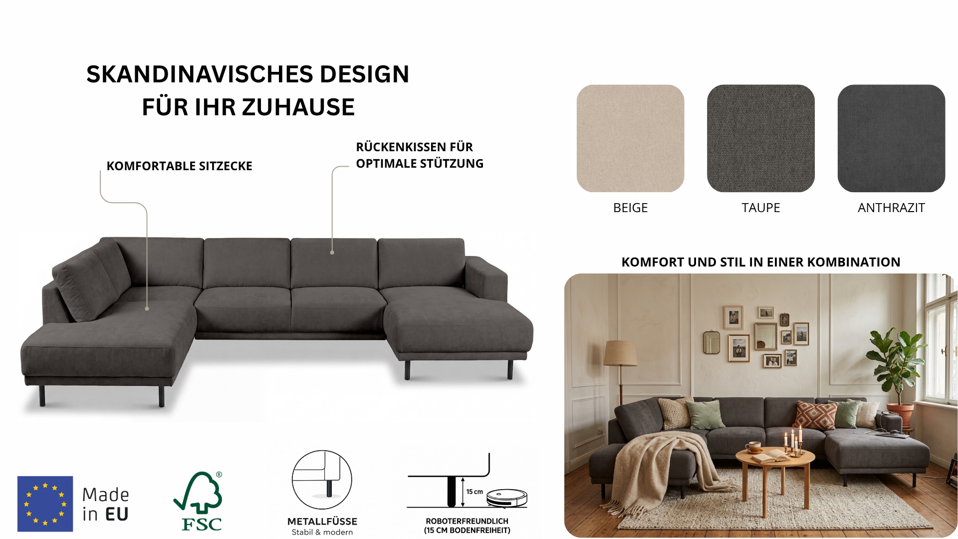 OTTO home Wohnlandschaft »Sveeva, U-Form, XXL, B.310 cm, schwarze Metallfüße« langlebiger Strukturstoff, mit Wellenunterfederung, viele Farben