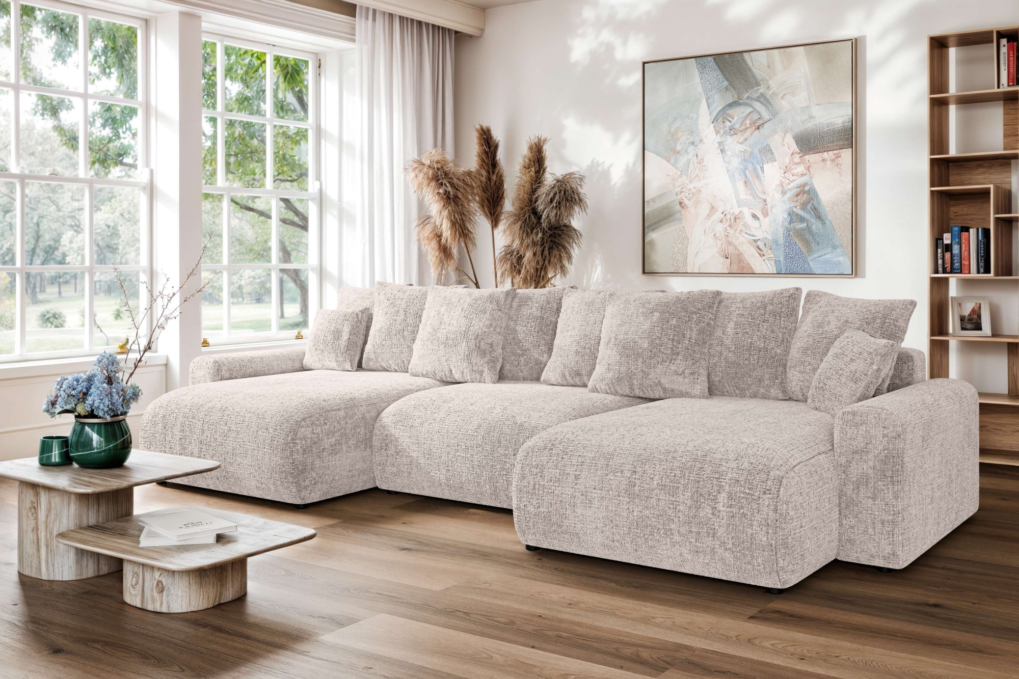 Home affaire Wohnlandschaft »LAKESIDE mit Bettfunktion und Bettkasten, Maße B/T/H: 332,5/142/84 cm«, U‑Form mit vielen Kissen und Wellenunterfederung