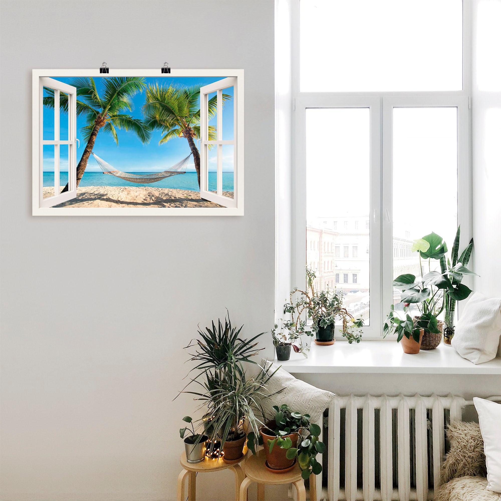 Artland Wandbild »Fensterblick Palmenstrand Karibik« Amerika 1 Stk. tlg. als Alubild, Poster in verschied. Größen