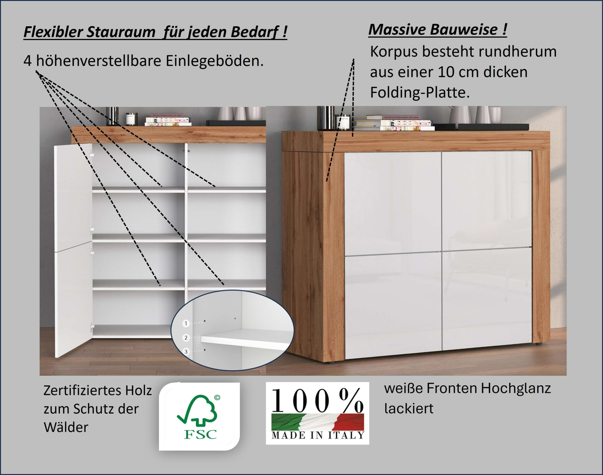 INOSIGN Highboard »CHRONOS Breite 140 cm mit 4 Türen und 8 Fächer 'Made in Italy'«, (1 St.), Hohes Sideboard, Kommode, Schrank, Grifflos mit Push to Open