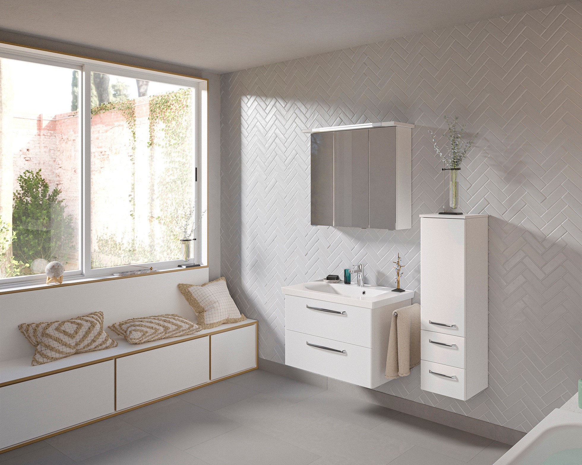 Saphir Badmöbel-Set »Badmöbel-Set Trentino 3-tlg Mineralmarmorwaschtisch,LED-Spiegelschrank«, (4 St.), Badezimmer-Set mit Midischrank inkl. Türdämpfer