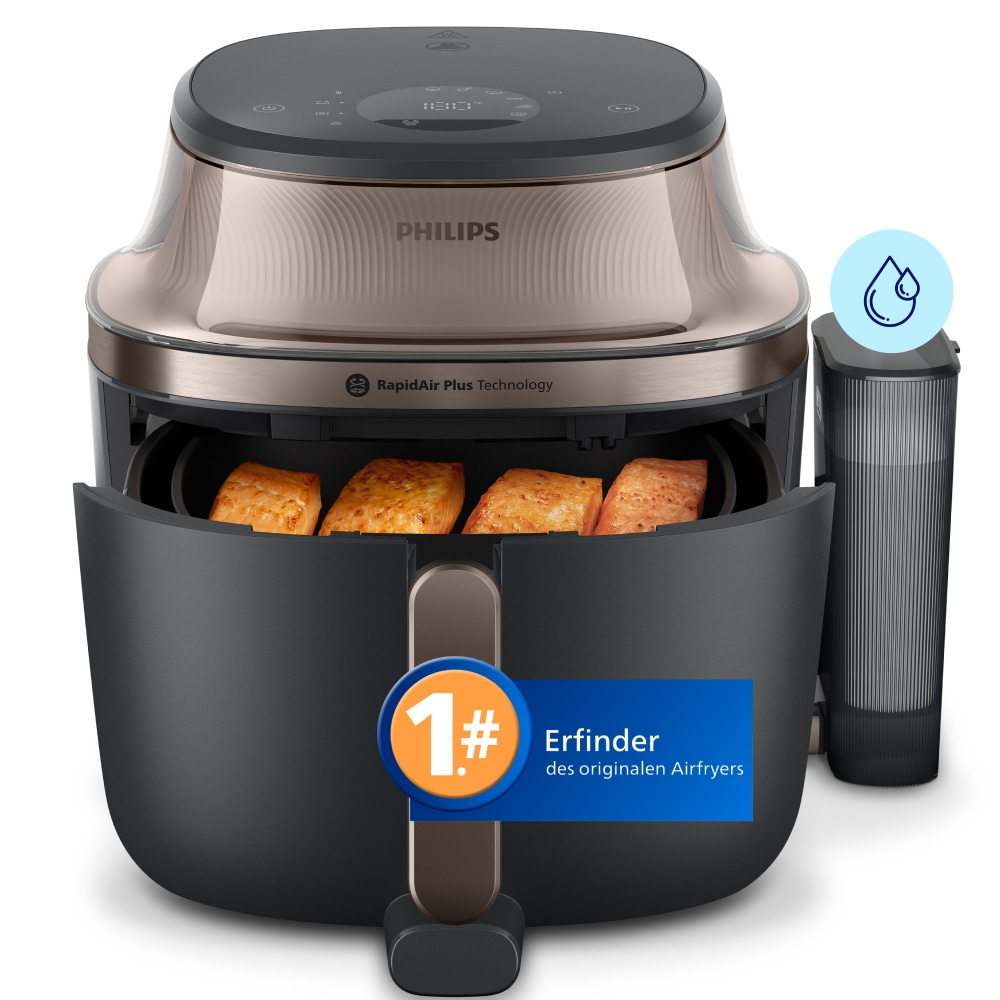 PHILIPS Heißluftfritteuse "NA547/07 Steam Airfryer 5000 Series mit EasySlide, 7,2L Kapazität", schwarz (schwarz, gold), B:41cm H:32cm T:46cm, Fritteus