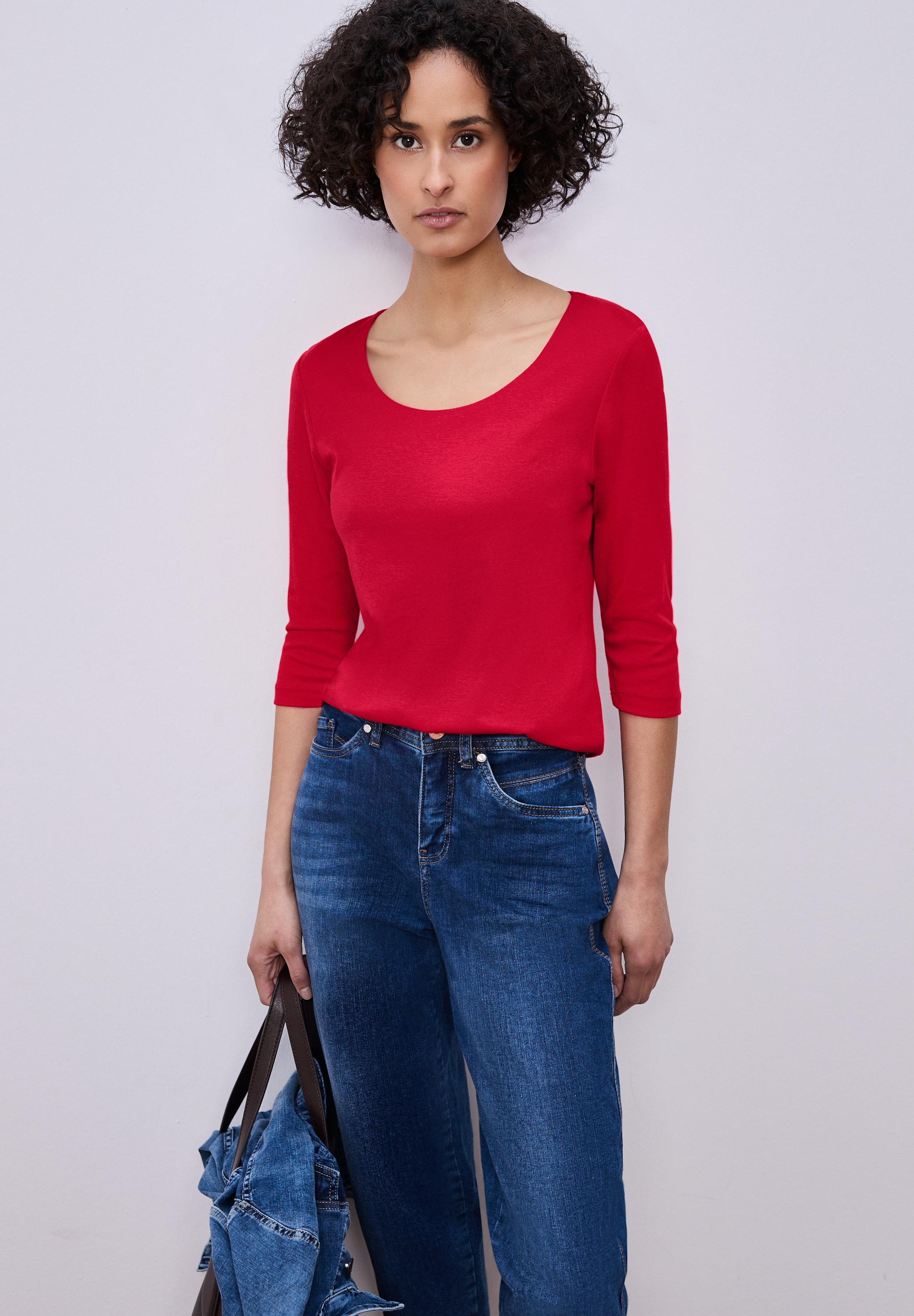 3/4-Arm-Shirt STREET ONE "Style Pania", Damen, Gr. 46, salsa rot, Jersey, Obermaterial: 50% Baumwolle, 50% Modal. Futter: 100% Baumwolle, unifarben, normal hüftlang, Rundhals, abgesteppt, Shirts 3/4-Arm-Shirt, in Unifarbe