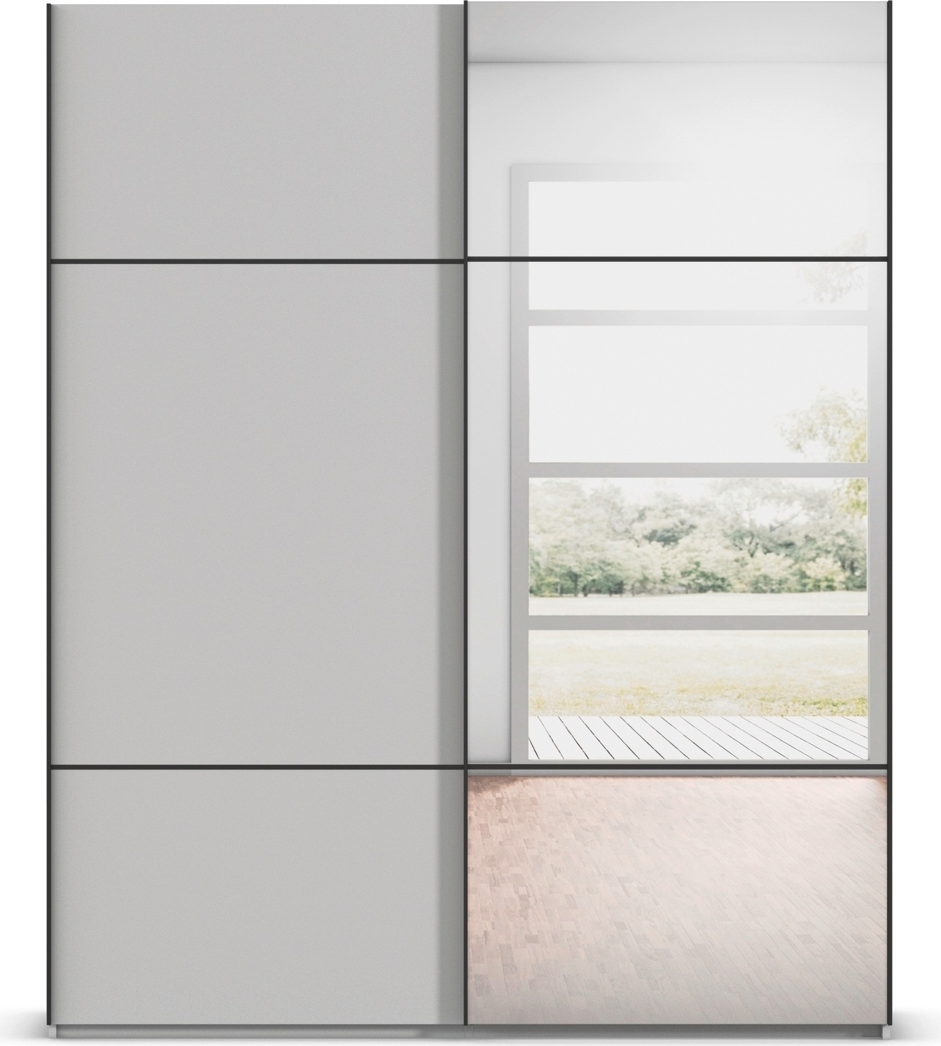 rauch Schwebetürenschrank »Kleiderschrank Schrank Garderobe Schlafzimmerschrank SCALE-TRIO«, edle dreigeteilte Front mit 2 Zierleisten und Spiegel MADE IN GERMANY