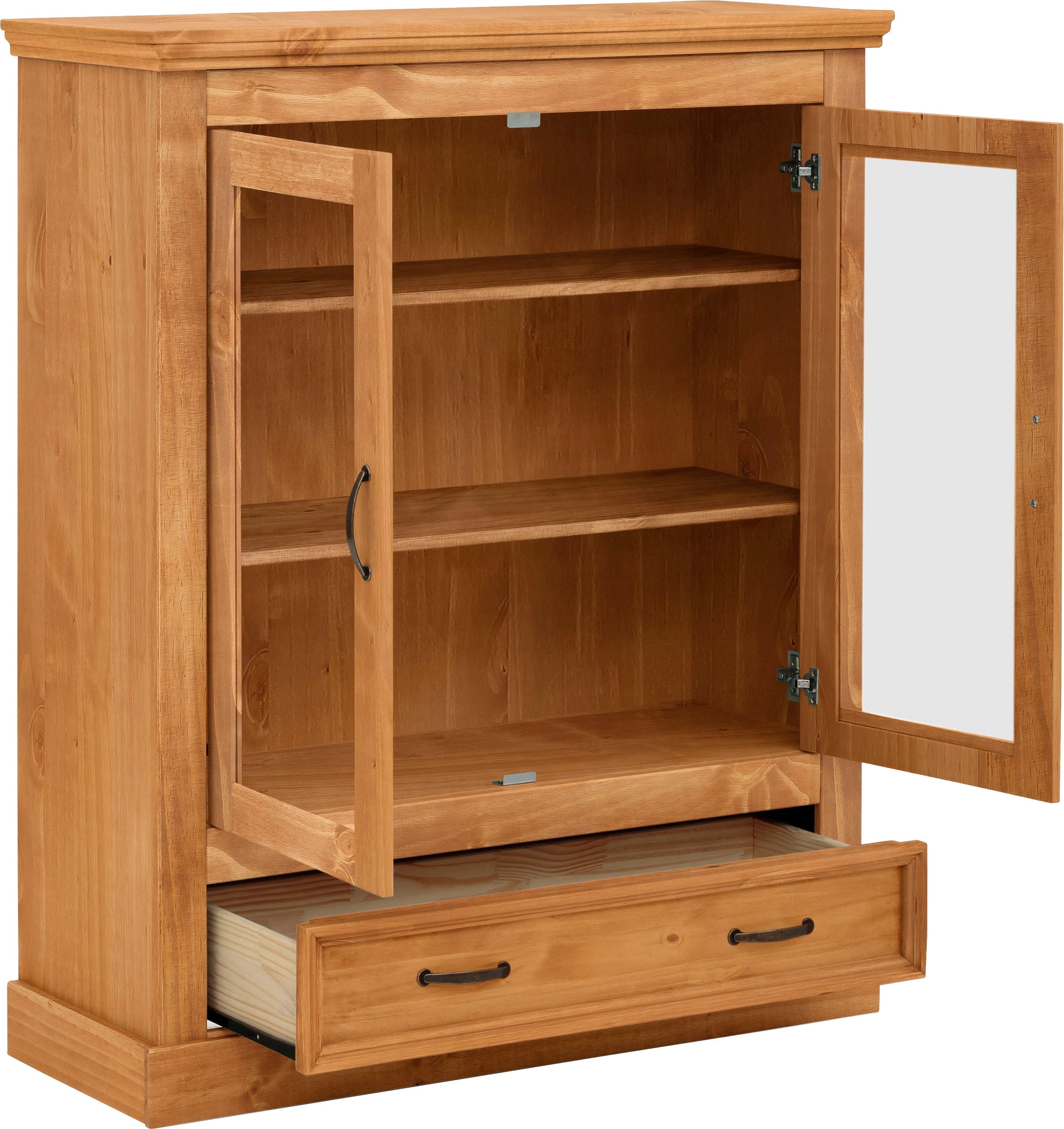 Home affaire Vitrine »Selma Highboard«, aus massivem Kiefernholz, mit Griffen aus antikisiertem Metall