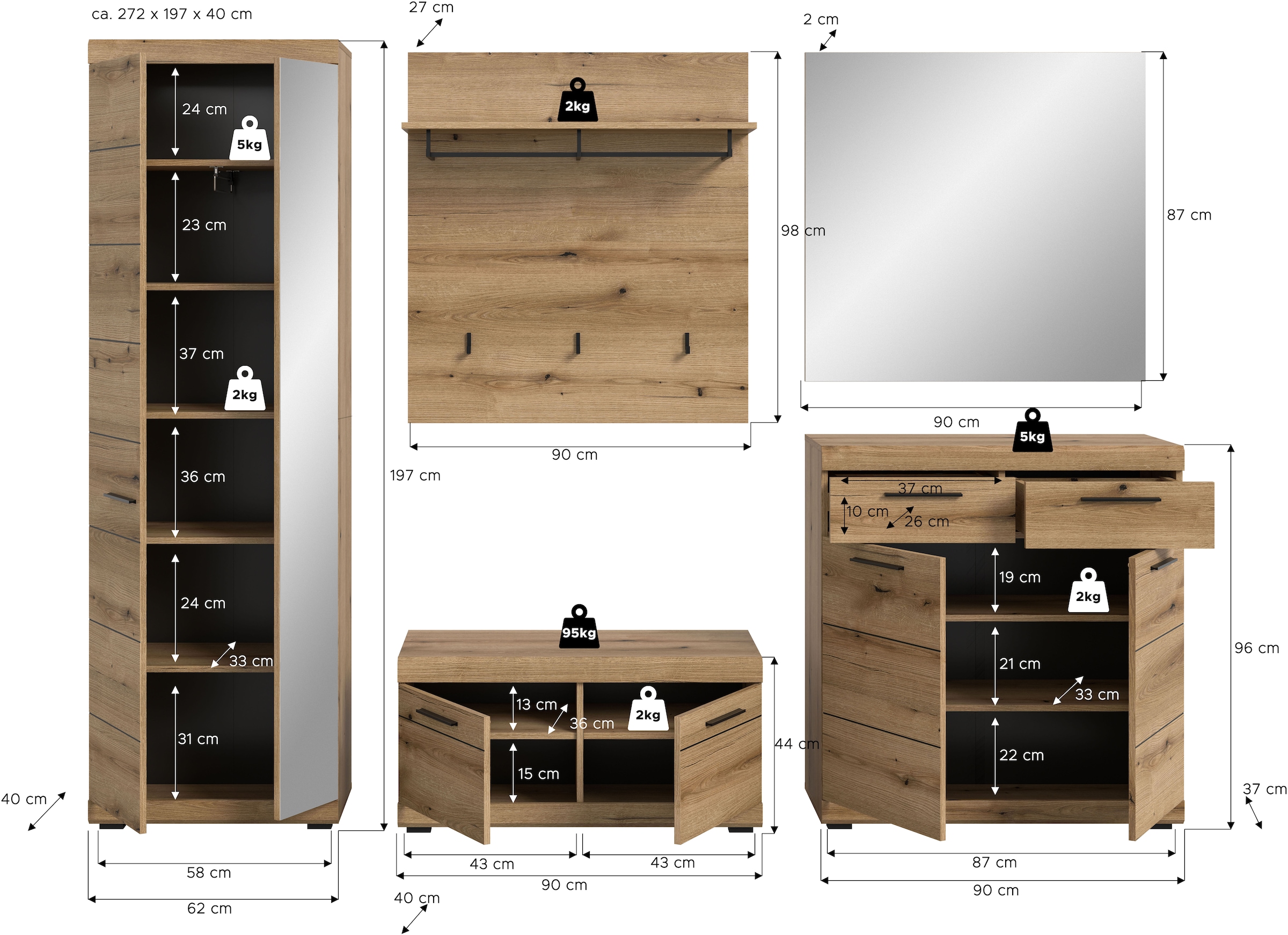 INOSIGN Garderoben-Set »Siena, Fronten mit hochwertiger Rillenfräsung, 5-teilig,bestehend aus:«, (Komplett-Set, 5 St.), Scout Garderobenkombinatio 5-tlg., Breite 272 cm, Flur, Diele
