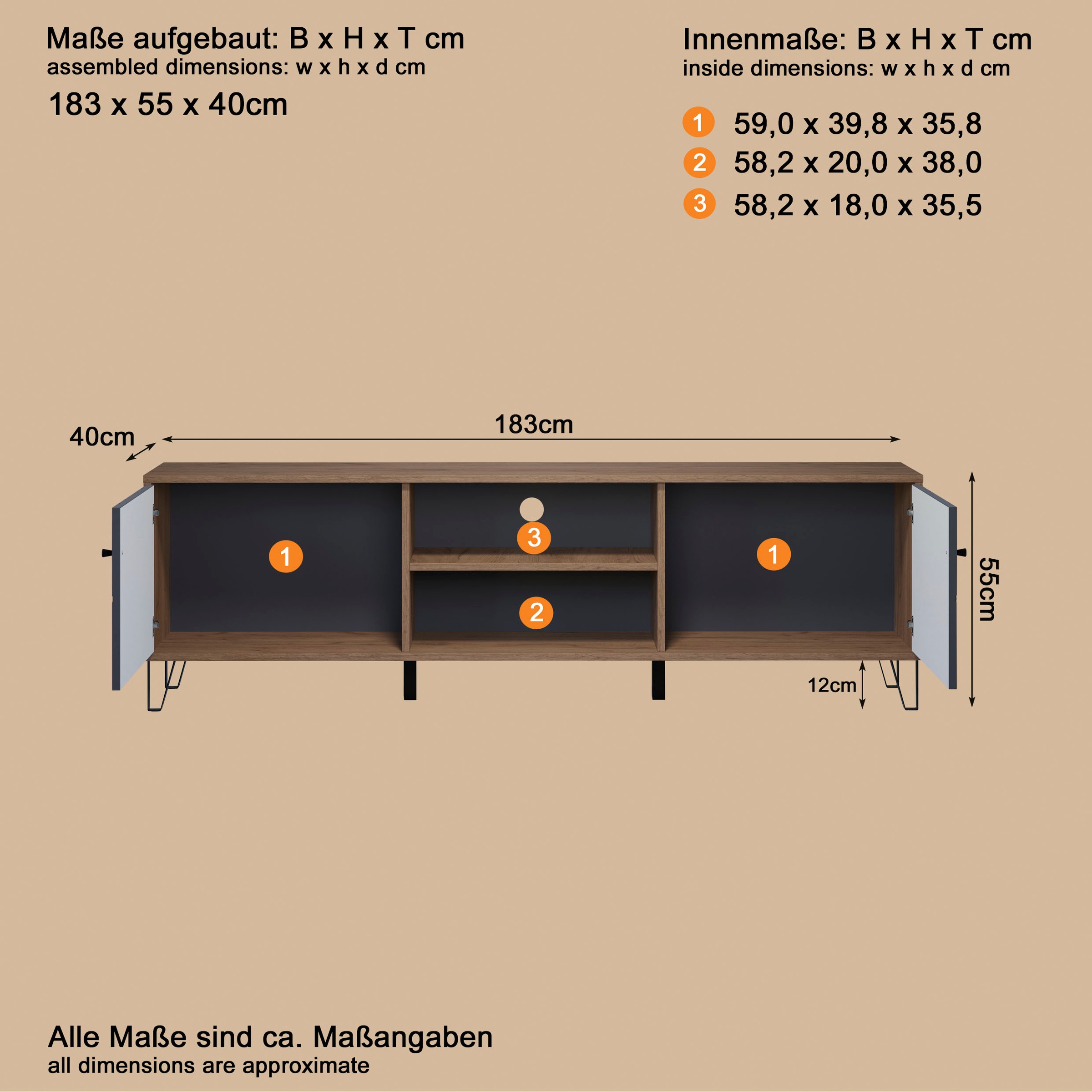 Places of Style Lowboard »Molveno«, (1 St.), TV-Unterteil mit 2 Türen & 2 Fächern - (B/T/H) 183/40/56 cm