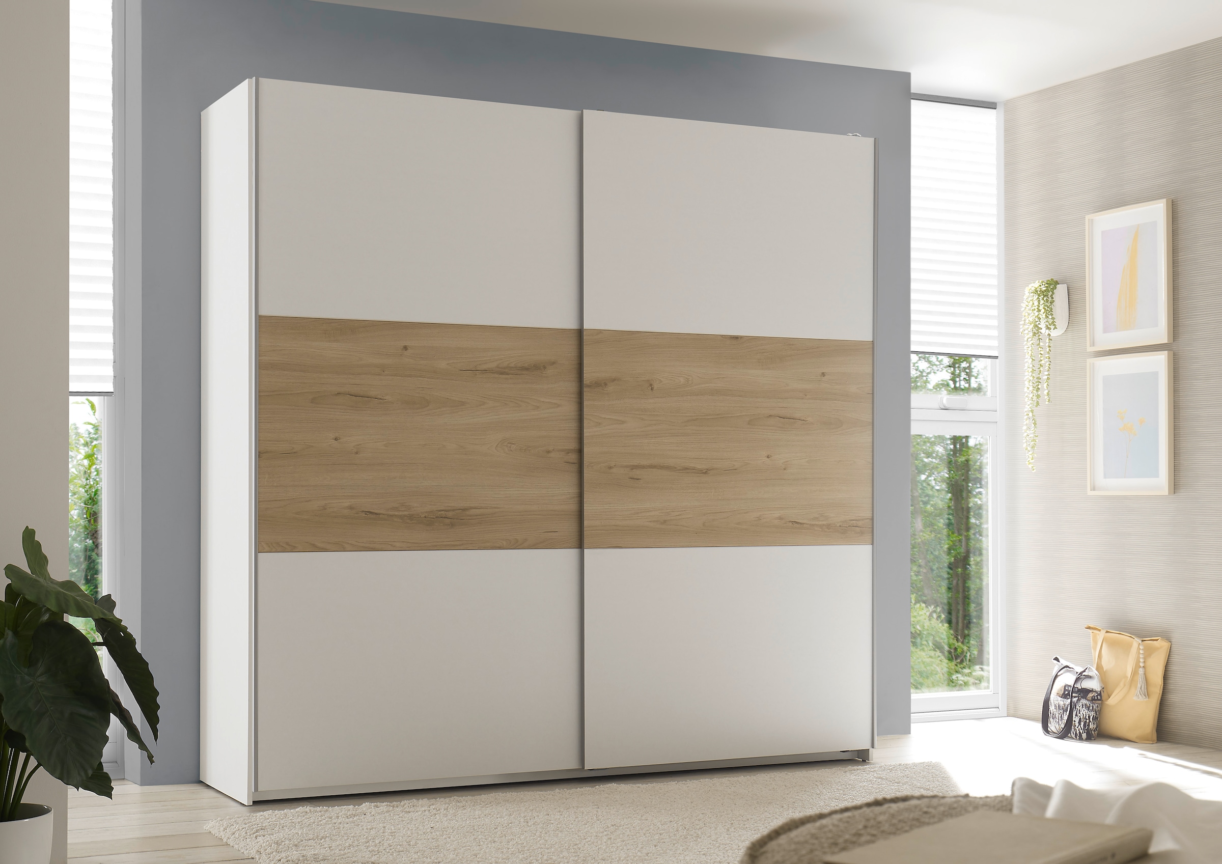 Schlafkontor Schwebetürenschrank »Kiara Kleiderschrank, Schiebetürenschrank, Schrank mit Schiebetüren«, Bauchbinde in farblicher Absetzung