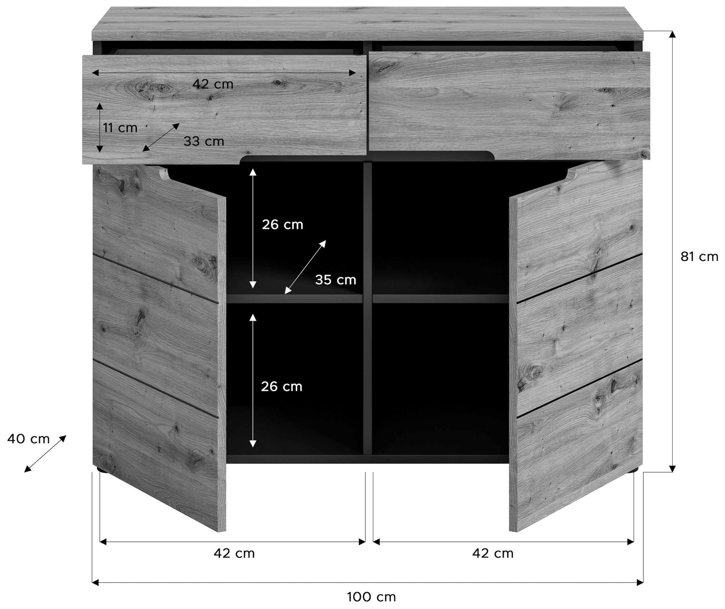 INOSIGN Kommode »Rehat, Breite 100cm, Basalt grau/Artisan Eiche, 2 Türen, 2 Schubkästen«, Schuhschrank, Schuhkommode, Garderobenschrank, Anrichte