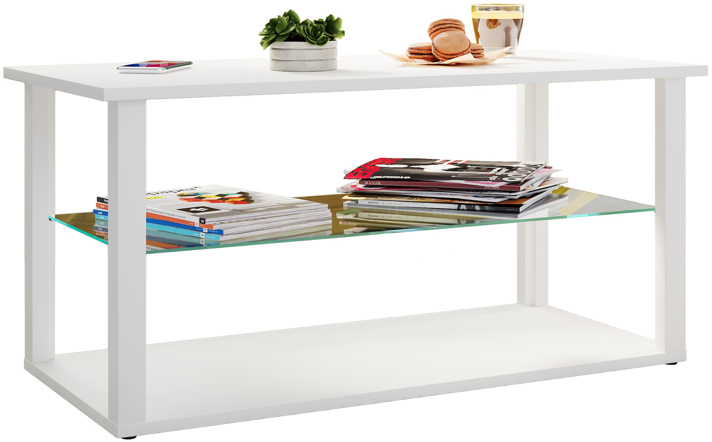 Couchtisch VCM "Holz Sofatisch Couchtisch Glas Tisch Wanilo L", weiß, B:95cm T:45cm, Tische, Couchtisch