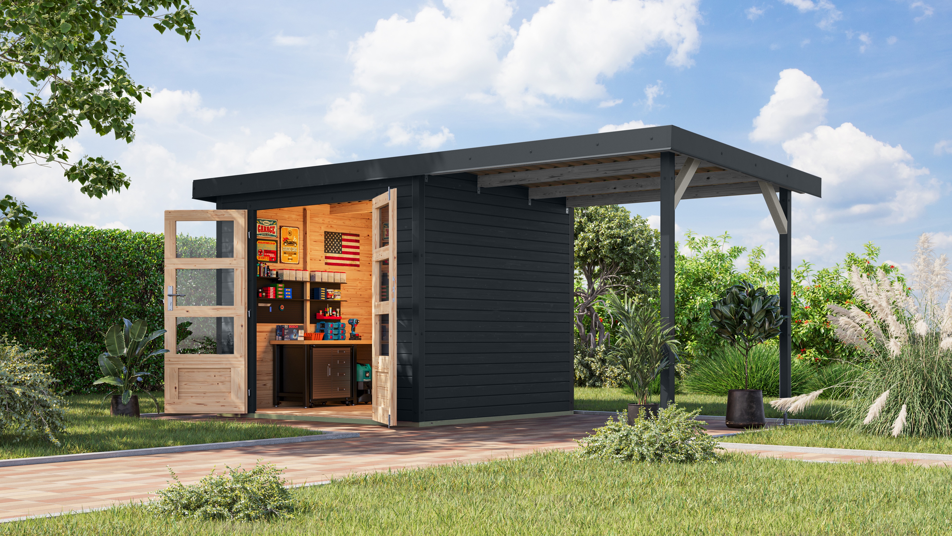 Gartenhaus KARIBU, grau, Holz, Stahl, Gartenhäuser, ""Jupiter 3 C" SET anthrazit, mit Anbaudach 2,35 m breit", hochwertige Materialien: nordische