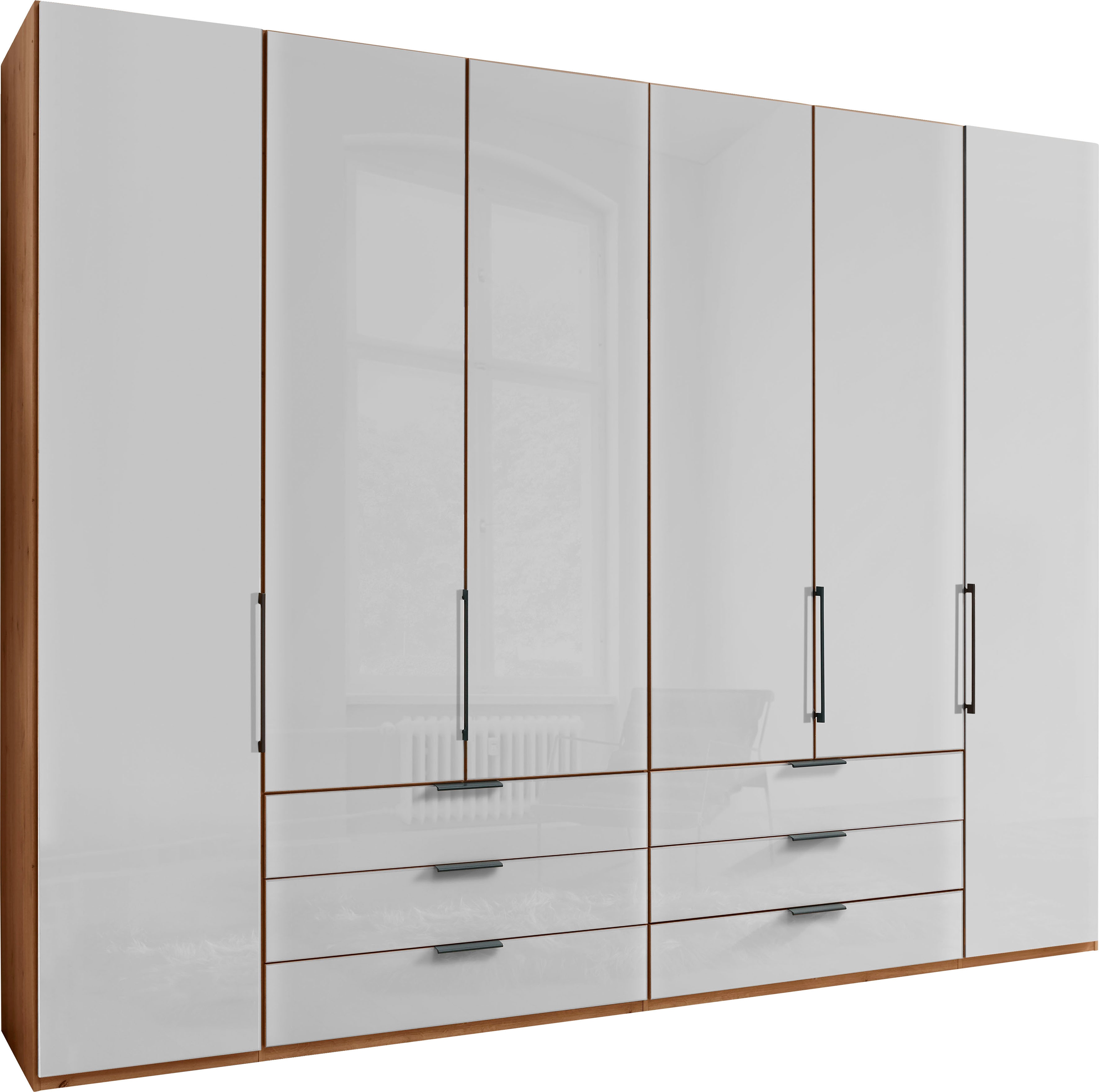 WIEMANN Falttürenschrank "Monaco, Kleiderschrank, Schrank, Wäscheschrank, mit edler Glasfront" 2 Breiten, 2 Höhen 216/236 cm auswählbar, MADE IN GERMANY, inkl. gepämpften Schubkästen und Türen, mit Panoramaöffnung