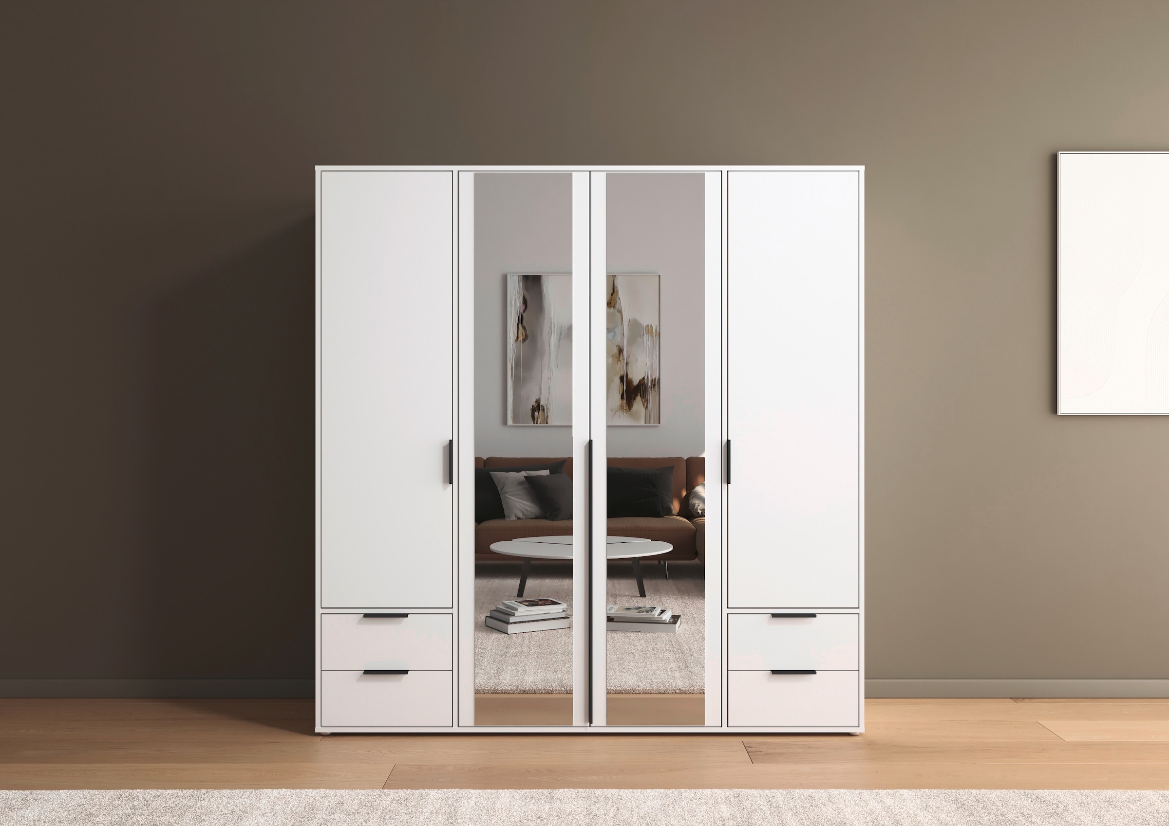rauch "Kleiderschrank Schrank Garderobe Wäscheschrank NAGATA mit Spiegel" in 3 verschiedenen Ausstattungen BASIC/CLASSIC/PREMIUM, und Schubladen sowie Stangengriffen TOPSELLER MADE IN GERMANY