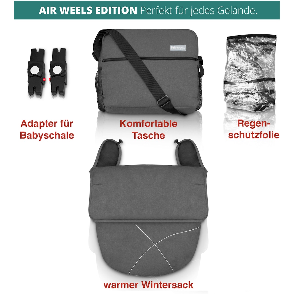 BabyGo Kombi-Kinderwagen »Halime AIR 3in1, Grey Silver«, mit Luftreifen, inkl. Babywanne, Babyschale, Regenhaube & Wickeltasche