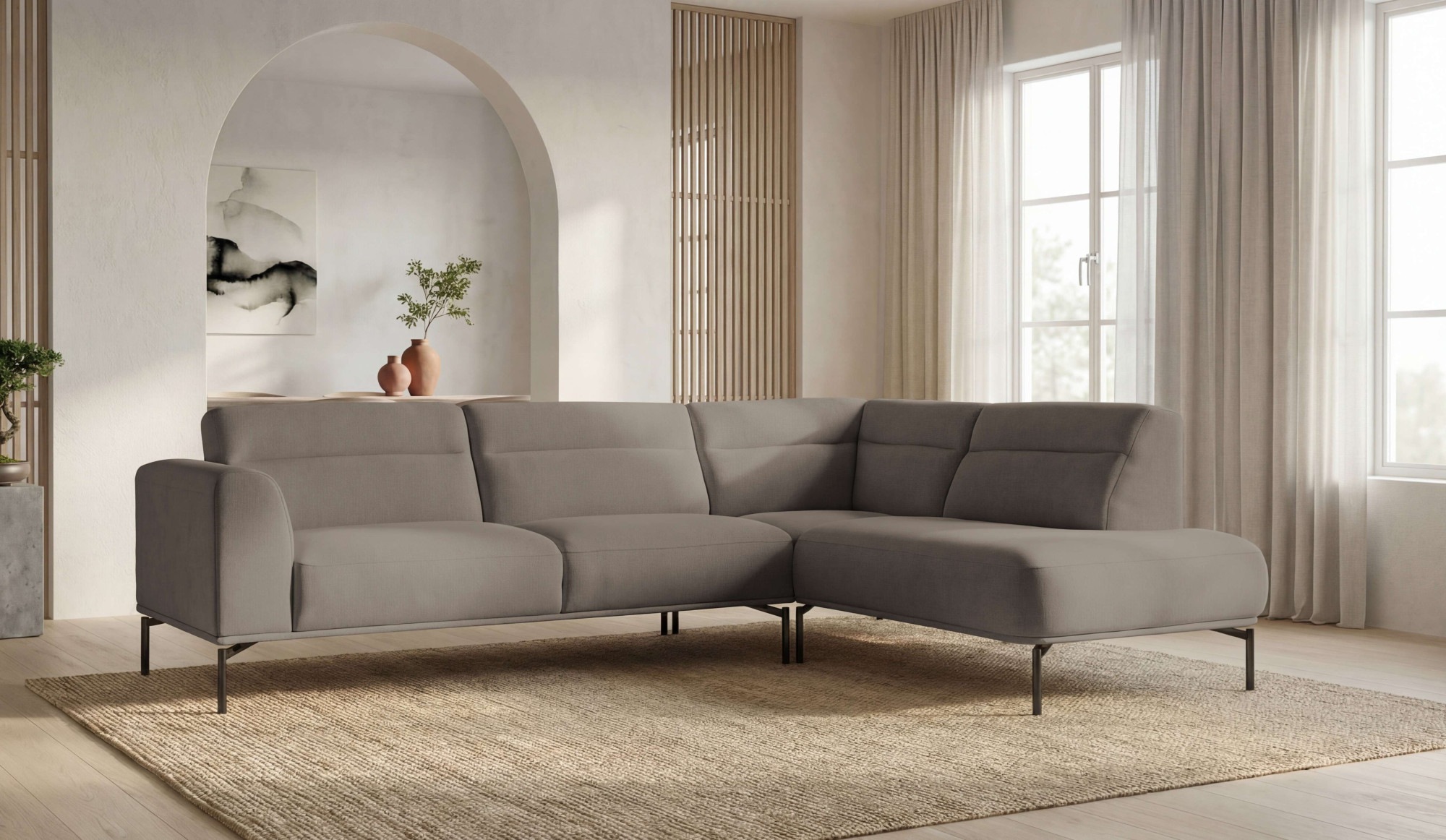OTTO home Ecksofa "Nennor, weiches Chenille" Breite 278 cm, Wellenunterfederung, schwarze Metallfüße