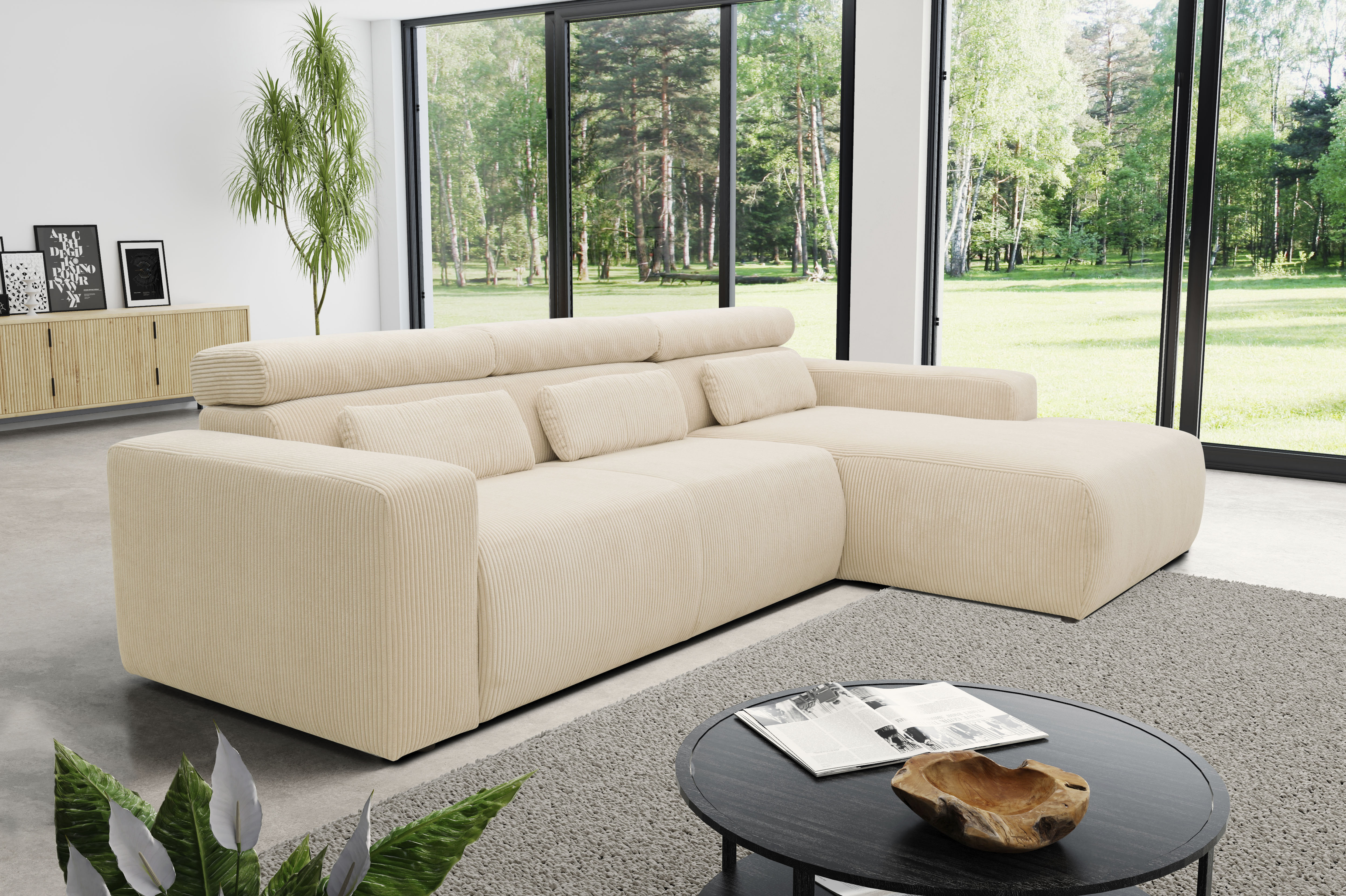 DOMO collection Ecksofa "BRANDON 289x177 cm, belastbar bis 140 kg/Sitz, L-Form" mit Sitztiefenverstellung, Cord, creme