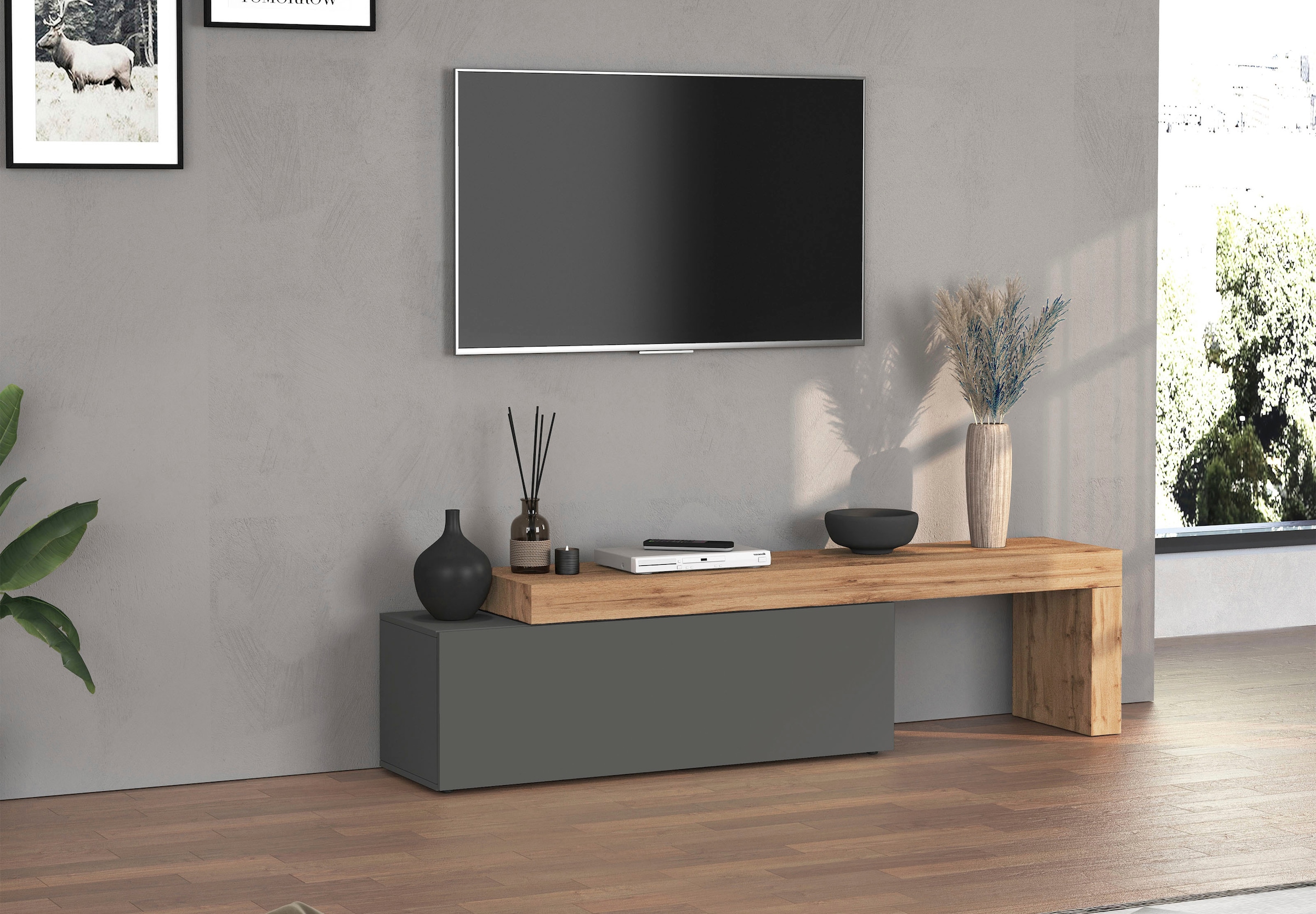 OTTO home Lowboard »Chronos TV-Board, T-Schrank« Breite verstellbar von 180 bis 290 cm, 1 Stk. tlg. Breite 240 cm TV-Board,Lowboard,1 Klappe und ein L-Förmiger Aufsatz