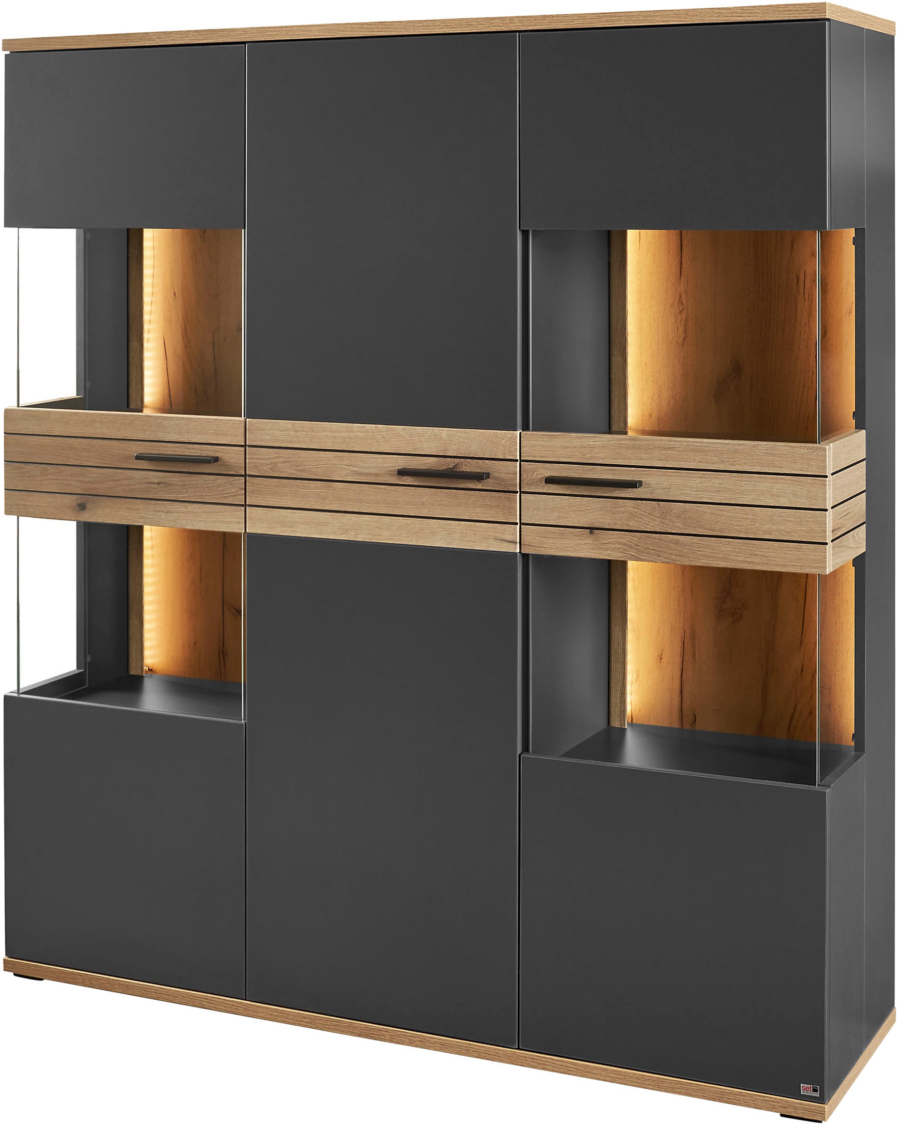 set one by Musterring Vitrine "Quincy" 1 Stk. tlg. Mit 4 Glasausschnitten und LED, in 2 Farben erhältlich, 134,8 cm
