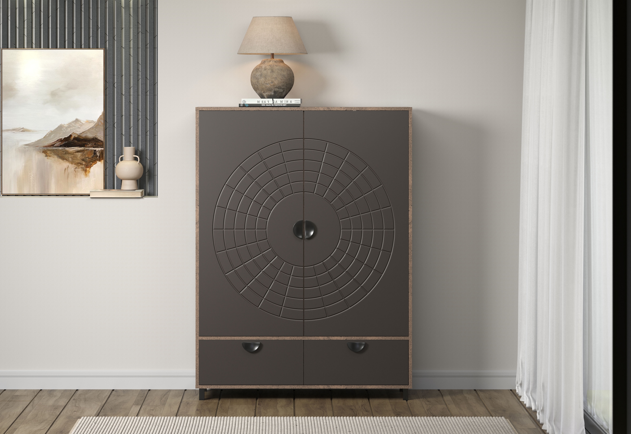 INOSIGN Highboard »Fusion«, (1 St.), Stauraumschrank mit besonderem Kreismuster - (B/T/H) 120/42/163 cm