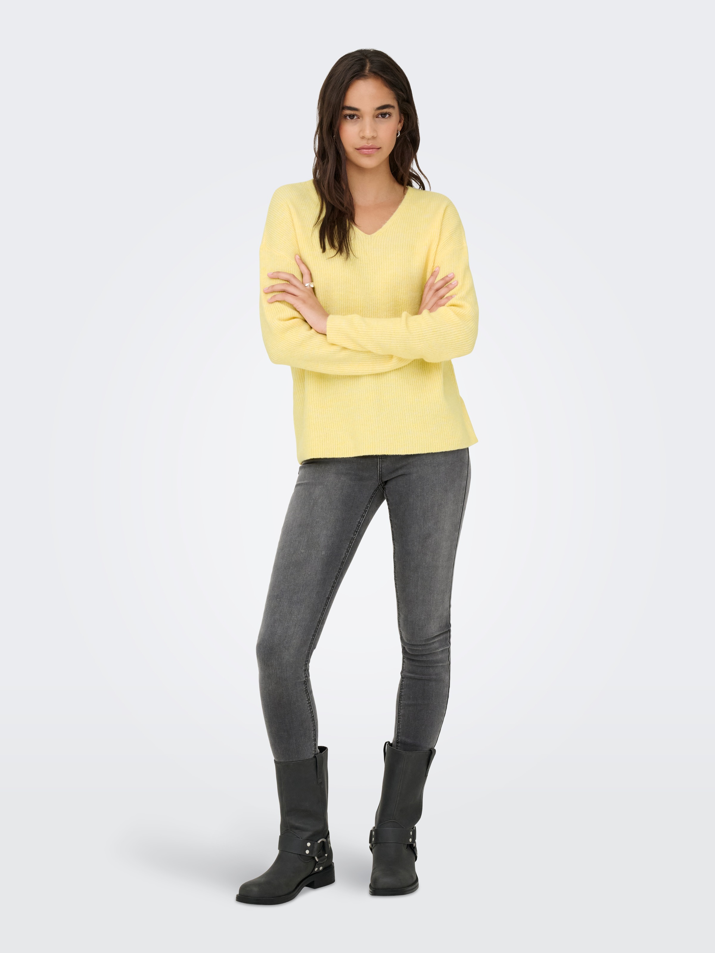 V-Ausschnitt-Pullover ONLY "ONLCAMILLA V-NECK L/S PULLOVER KNT NOOS", Damen, Gr. XS, mellow gelb detail:melange, Strick, Obermaterial: 74% Polyacryl, 24% Polyester, 2% Elasthan, meliert, regular fit normal, V-Ausschnitt, Strickbündchen, Pullover, Material 3