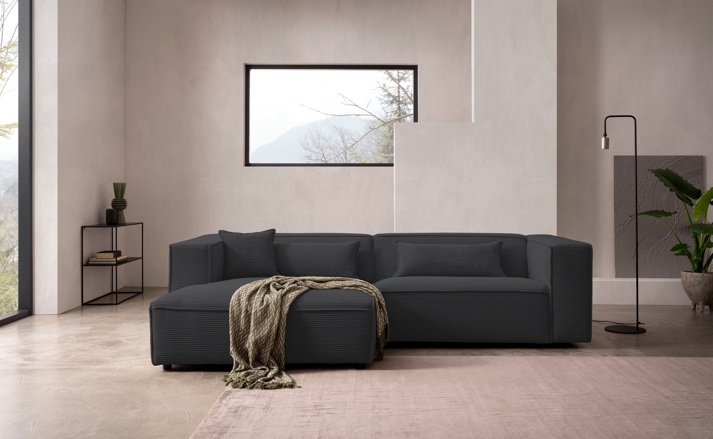 LeGer Home by Lena Gercke Ecksofa "PIARA Cord mit Kedernaht L-Form" wahlweise Ottomane rechts/links, schwarze Füße, bequemer Sitzkomfort