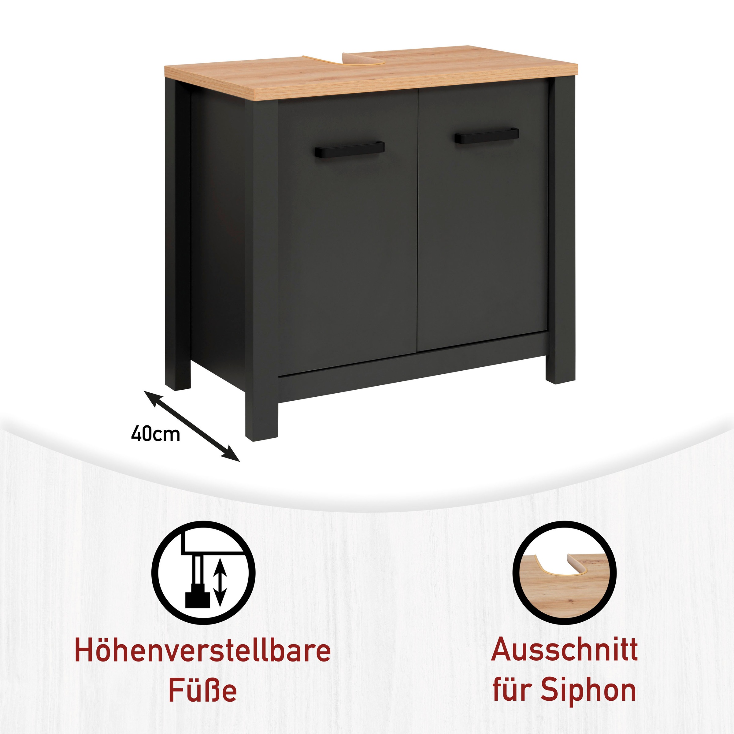 Inter Link Badmöbel-Set »Carbona, 4-tlg. Badmöbel-Set mit Stauraum in Anthrazit/Eiche-Optik« 4 Stk. tlg.