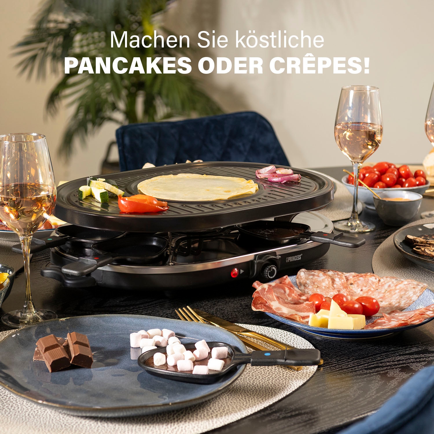 PRINCESS Raclette »162700 - Oval - 8 Pfannen«, 8 St. Raclettepfännchen, 1200 W, Multifunktionale Platte, inklusive 8 Pfännchen und 8 Holzschabern