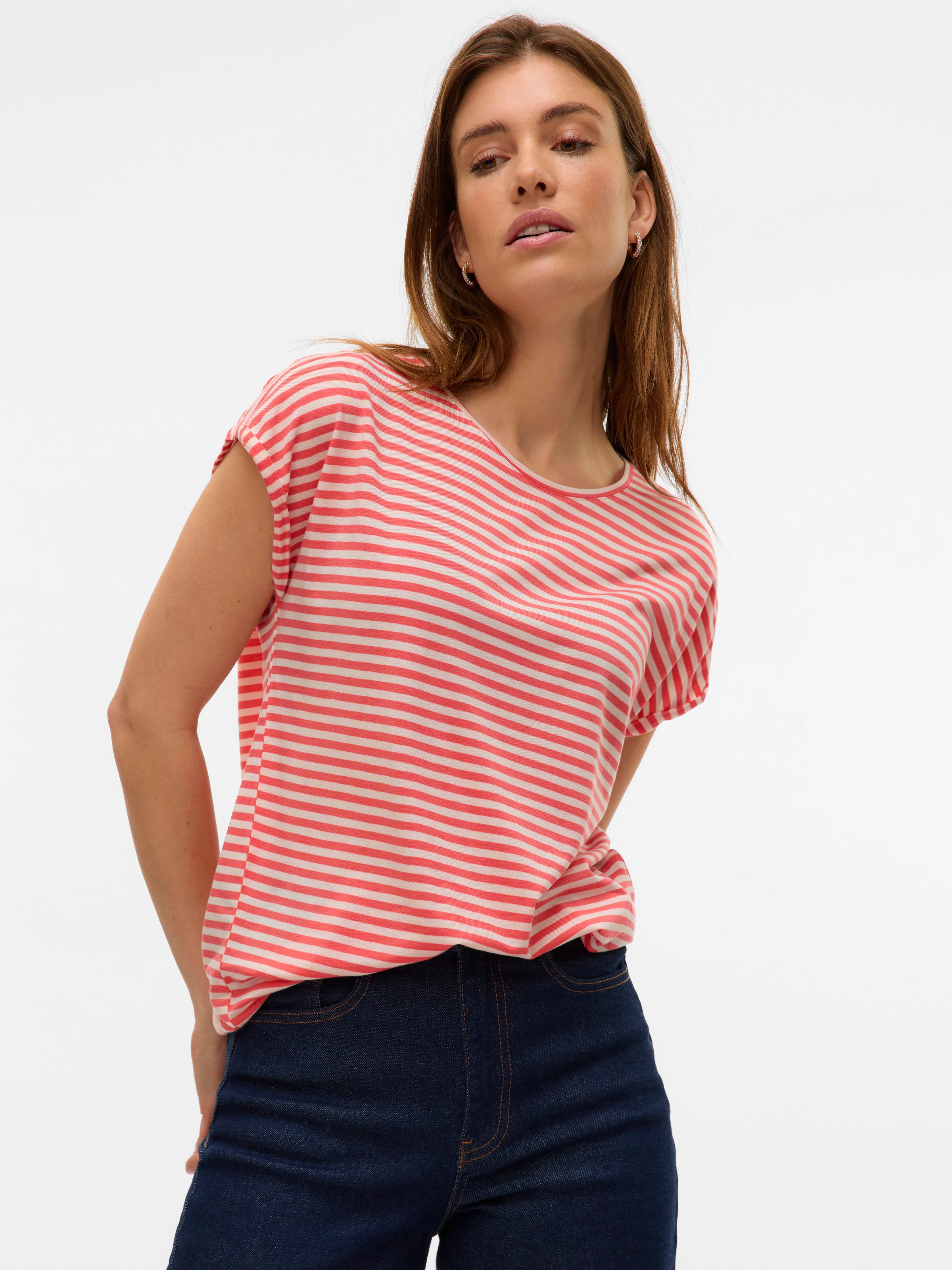 Thumbnail - Vero Moda Rundhalsshirt "VMAVA PLAIN SS TOP STRIPE GA JRS NOOS" Materialmix, regular fit