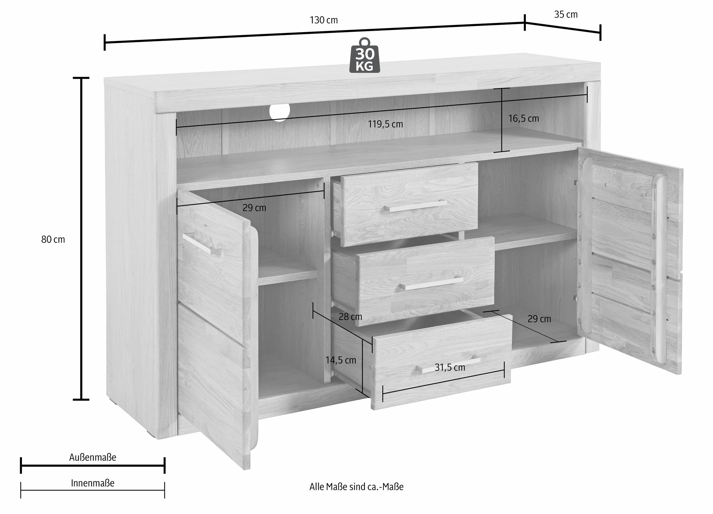Home affaire Sideboard "Ribe,130cm breit, Fronten Massivholz,5 Fächer", Hol günstig online kaufen