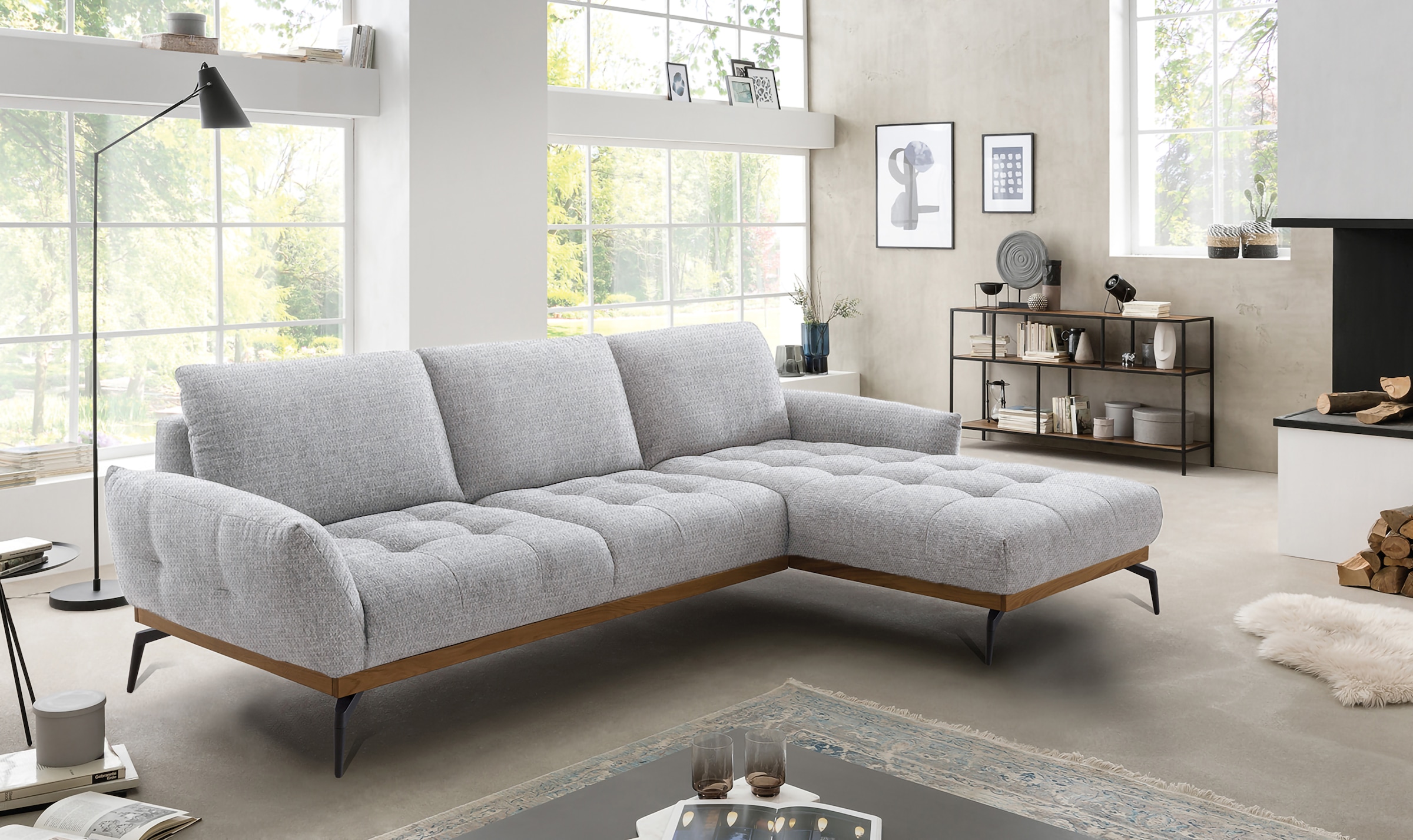 exxpo - sofa fashion Ecksofa »NICEA, erstklassiger Komfort, tolle Details, Holzsockel in eiche geölt«, In hochwertiger Verarbeitung und ergonomische Sitzposition