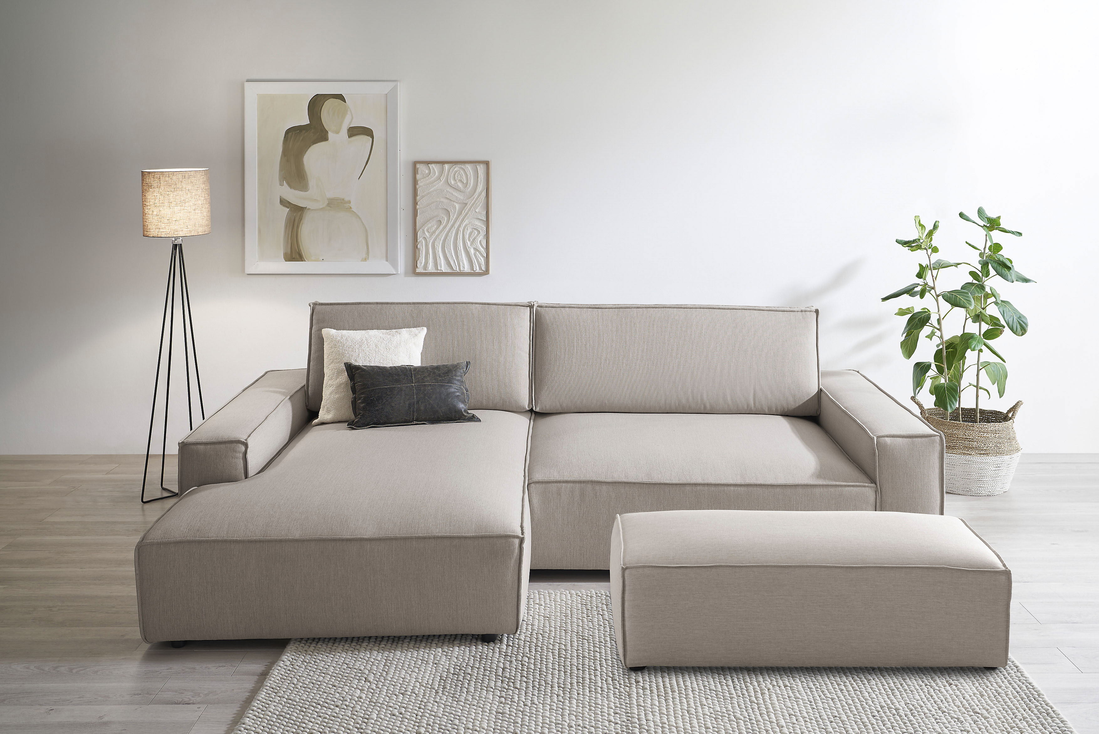 OTTO home Polsterecke "SHERWOOD XXL tief, L-Form, Schlaffunktion, Bigsofa, Cord, Leinenoptik" Hocker stellbar zum Schlafsofa (Krokodilverbinder), tiefe Sitzfläche