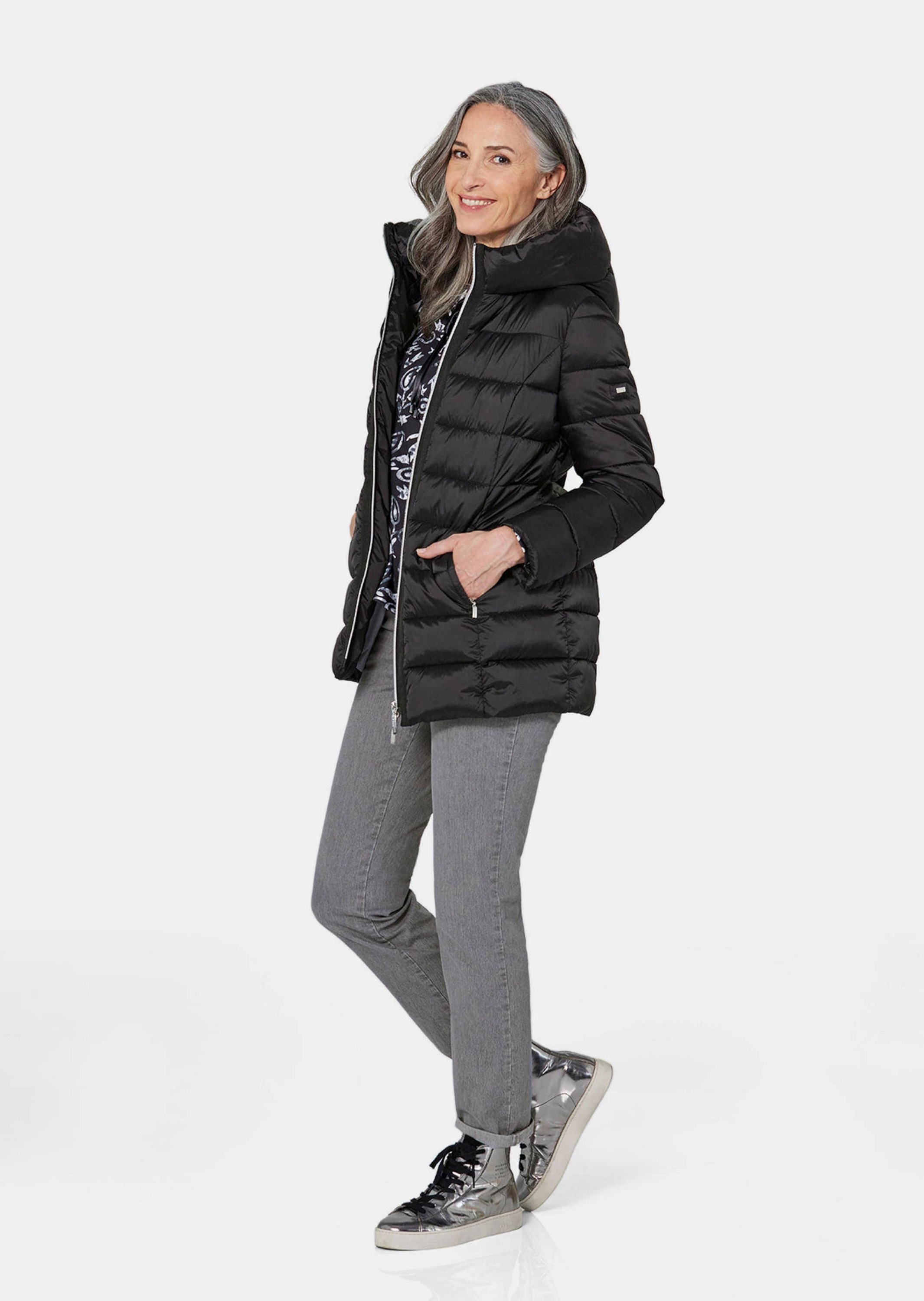 Goldner Long Quilted Jacket with Hood Black Petite 3